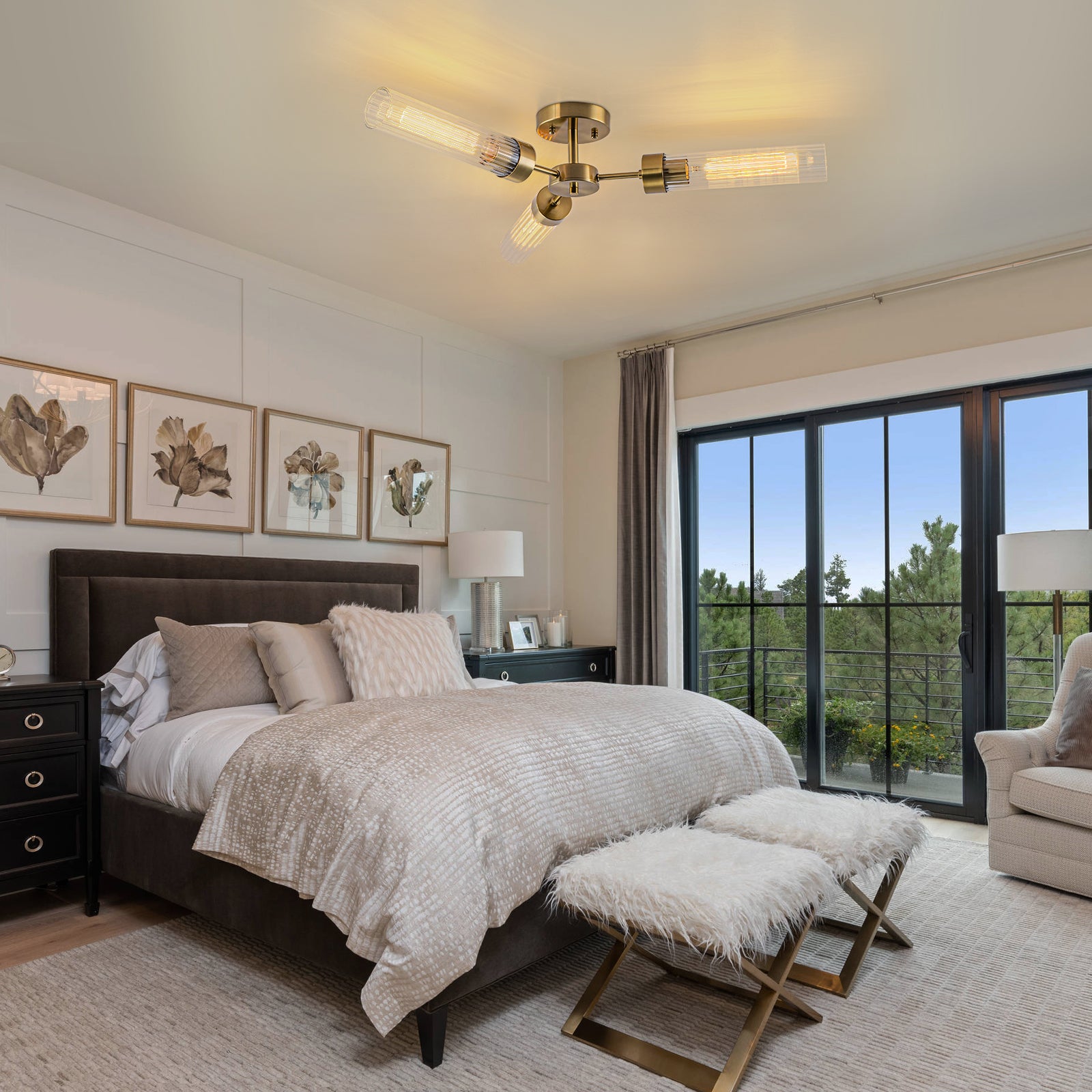 Glowlings 3-Light Modern Brass Ribbed Glass Sputnik Semi-Flush Mount Ceiling Light