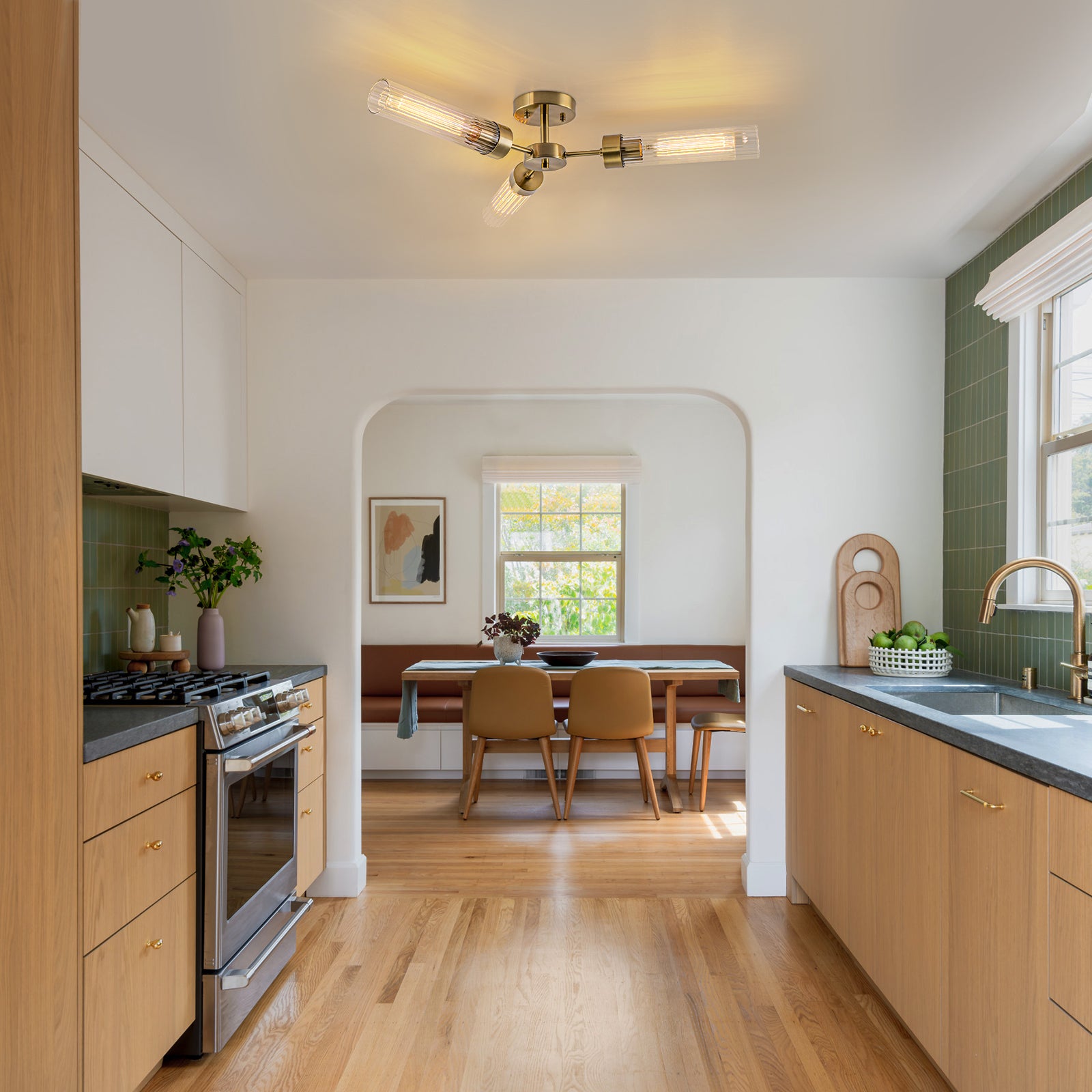 Glowlings 3-Light Modern Brass Ribbed Glass Sputnik Semi-Flush Mount Ceiling Light