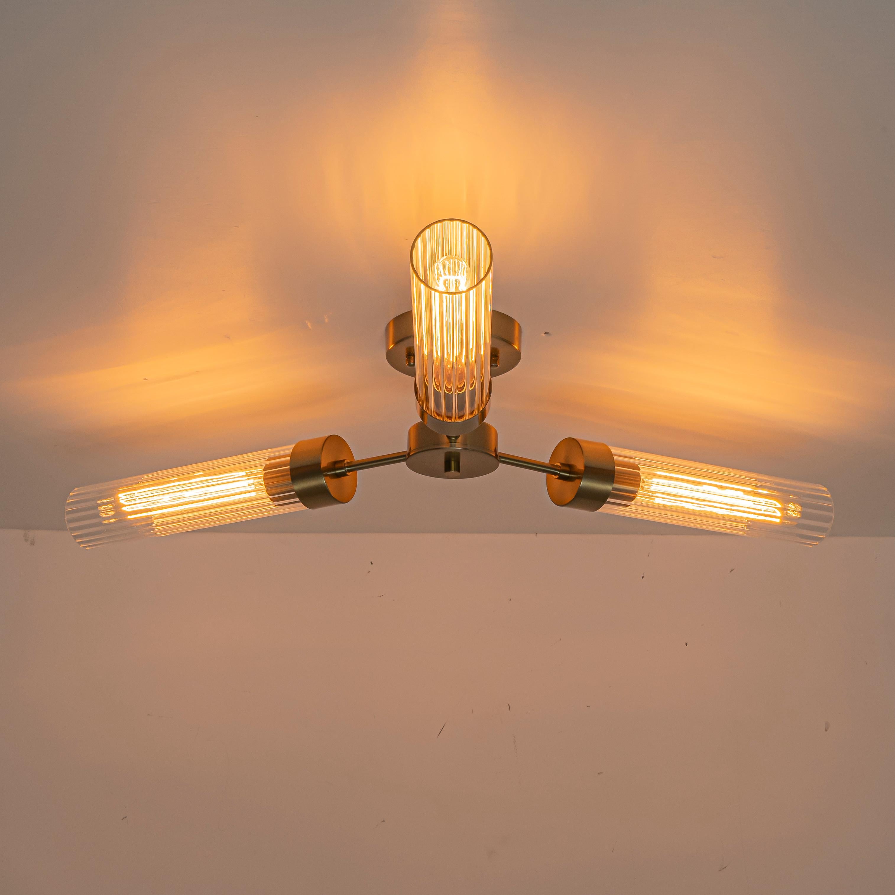 Glowlings 3-Light Modern Brass Ribbed Glass Sputnik Semi-Flush Mount Ceiling Light