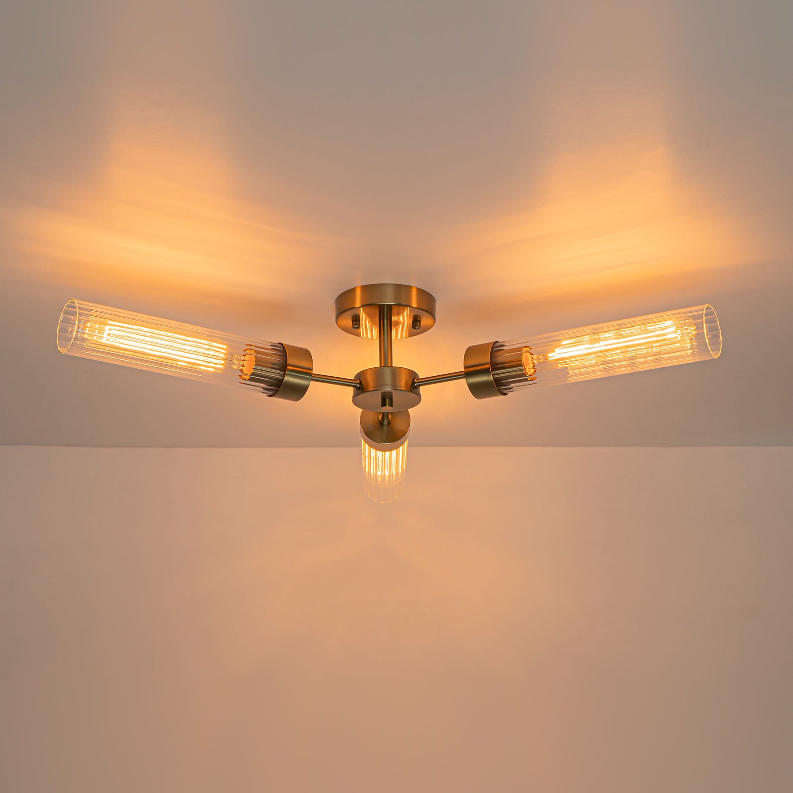 Glowlings 3-Light Modern Brass Ribbed Glass Sputnik Semi-Flush Mount Ceiling Light