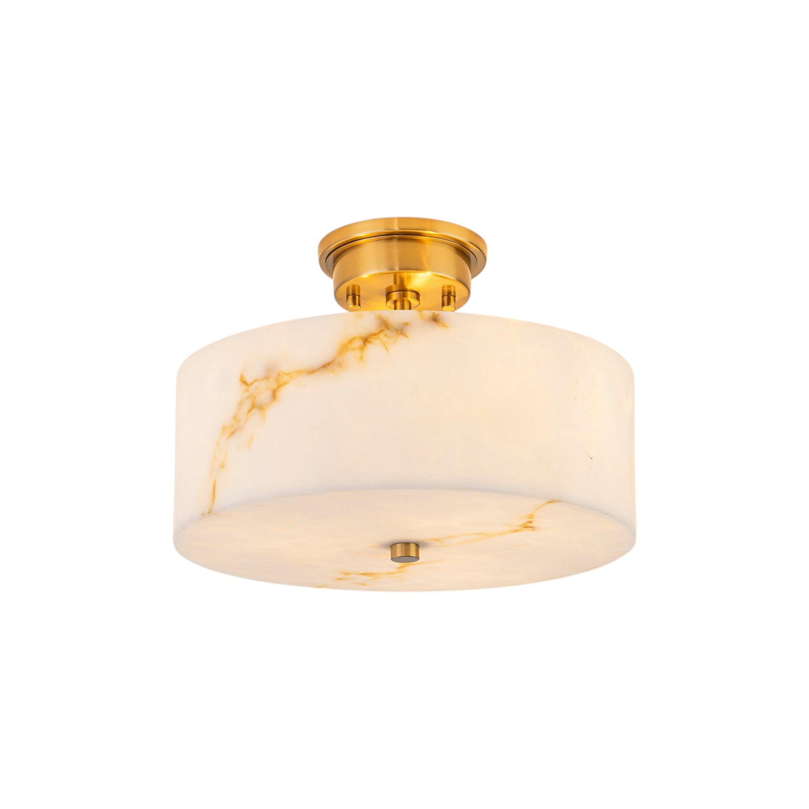 Glowlings 3-Light Modern Brass Semi-Flush Mount Ceiling Light with Faux Alabaster Drum Shade