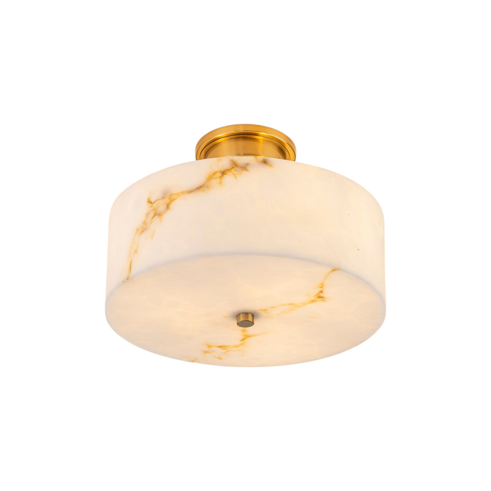 Glowlings 3-Light Modern Brass Semi-Flush Mount Ceiling Light with Faux Alabaster Drum Shade