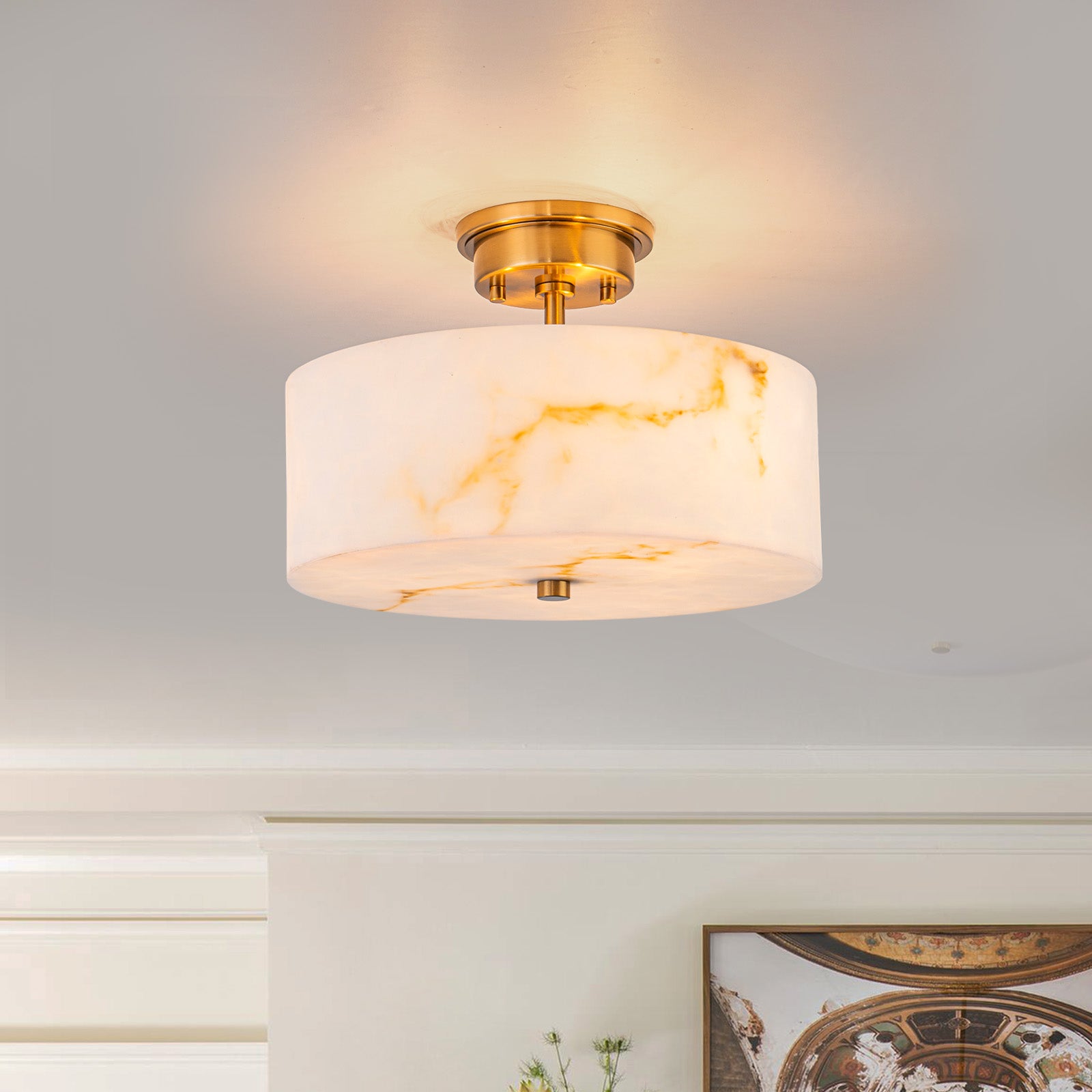 Glowlings 3-Light Modern Brass Semi-Flush Mount Ceiling Light with Faux Alabaster Drum Shade