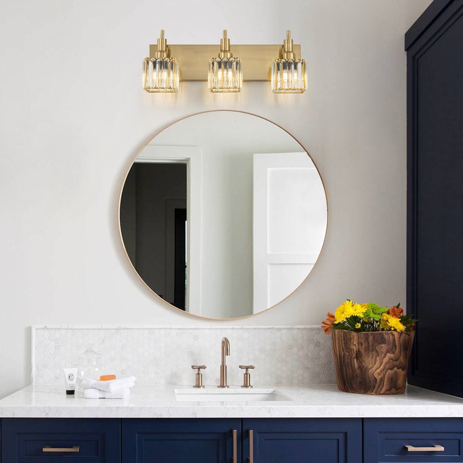 Glowlings 3/4/5-Light Modern Brass Square Crystal Bathroom Vanity Light fixture Over Mirror