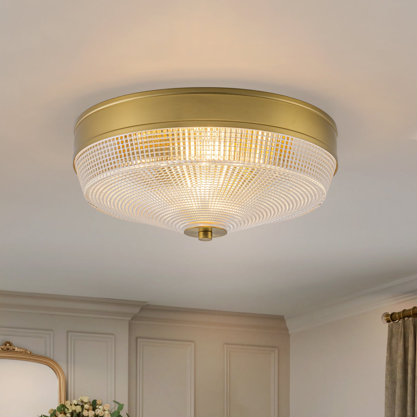 Glowlings 3-Light Modern Brushed Gold Round Prismatic Textured Glass Flush Mount Ceiling Light