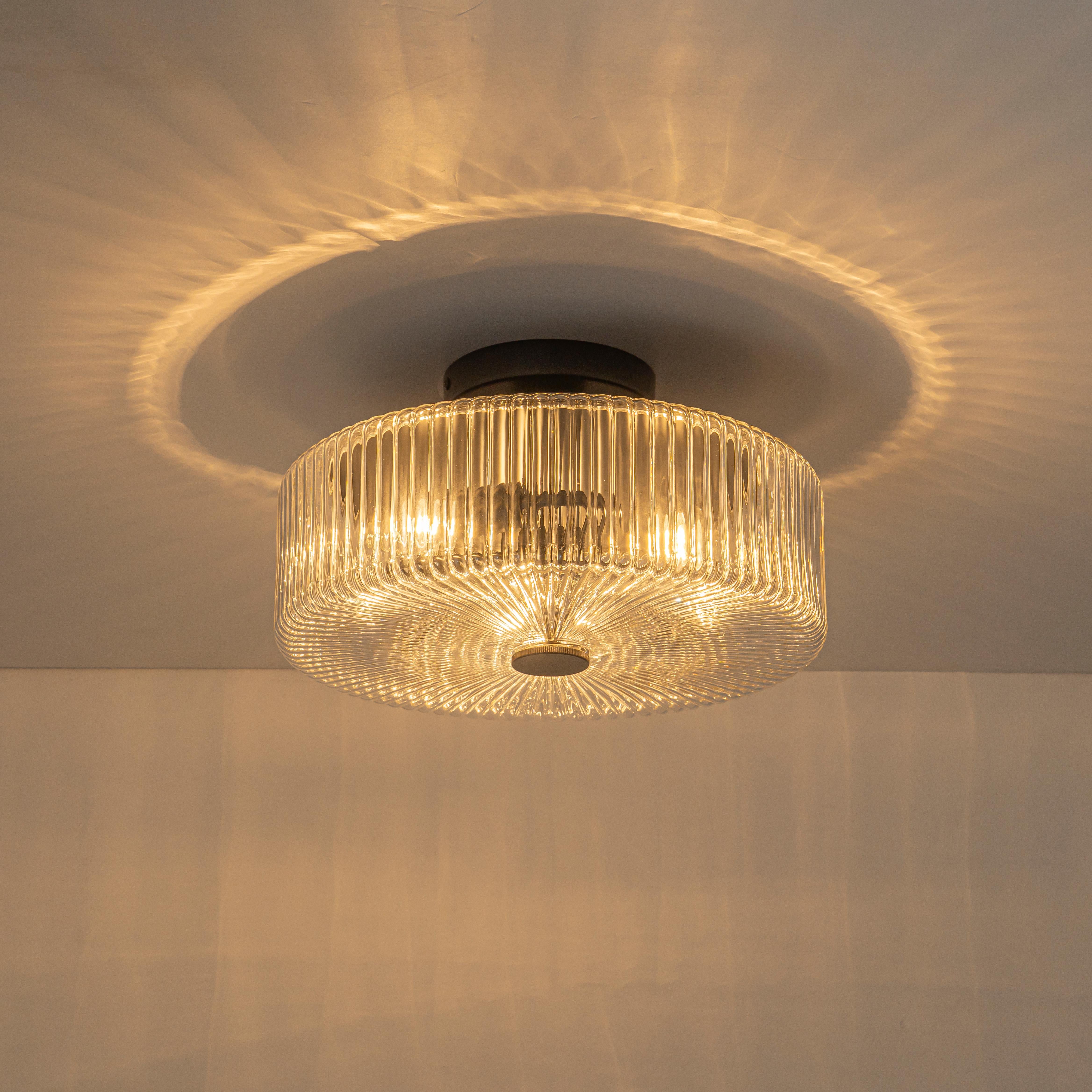 Glowlings 3-Light Modern 14"Wide Clear Ribbed Glass Brass Drum Semi-Flush Mount Ceiling Light