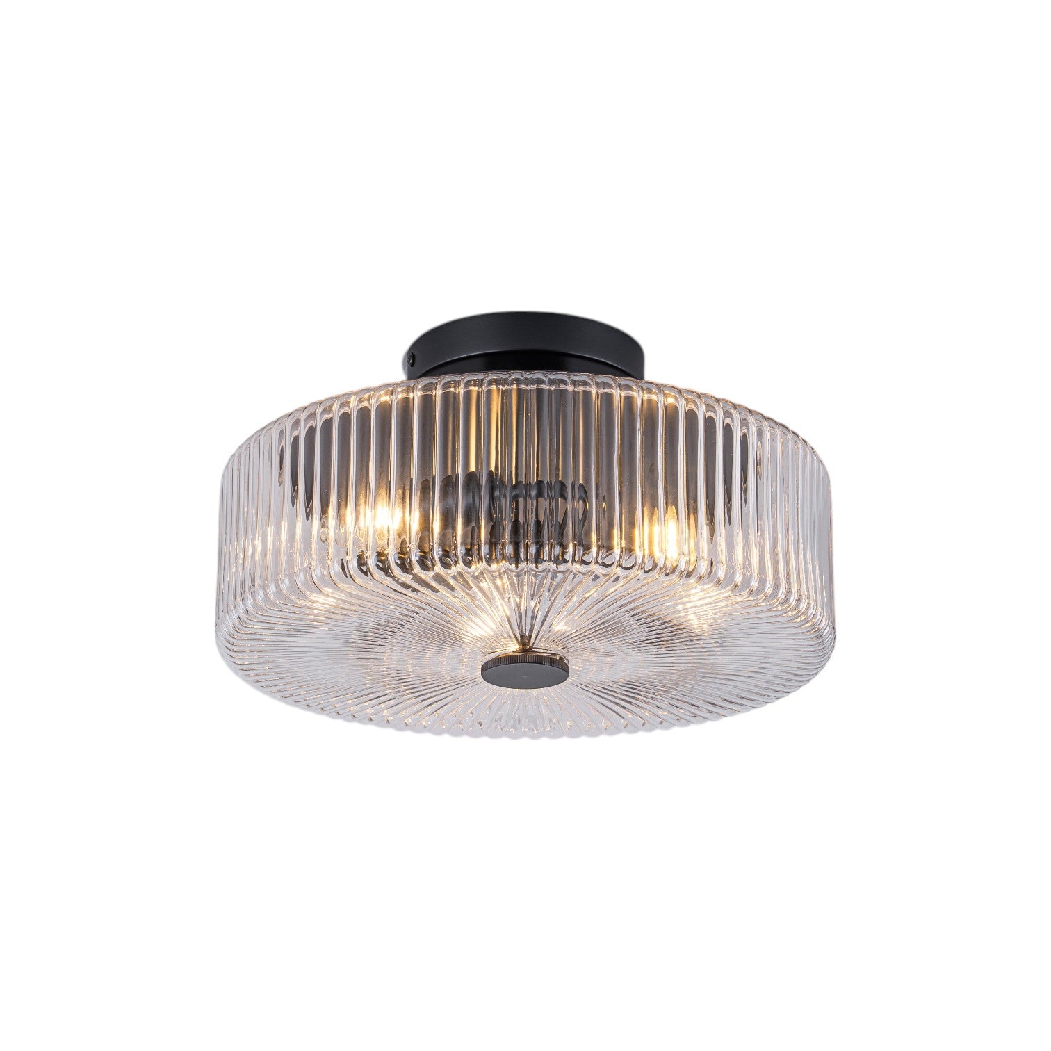 Glowlings 3-Light Modern 14"Wide Clear Ribbed Glass Brass Drum Semi-Flush Mount Ceiling Light