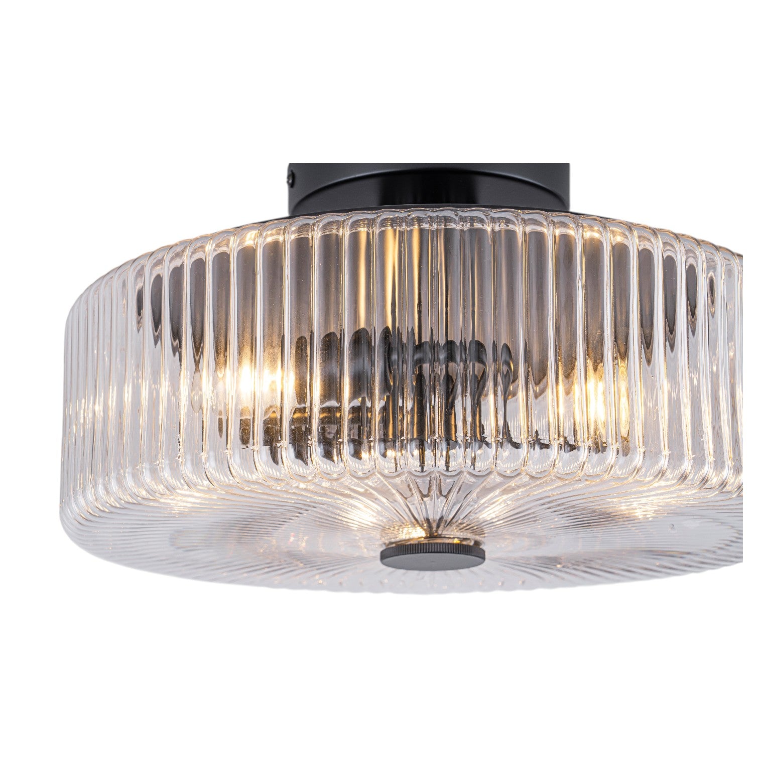 Glowlings 3-Light Modern 14"Wide Clear Ribbed Glass Brass Drum Semi-Flush Mount Ceiling Light
