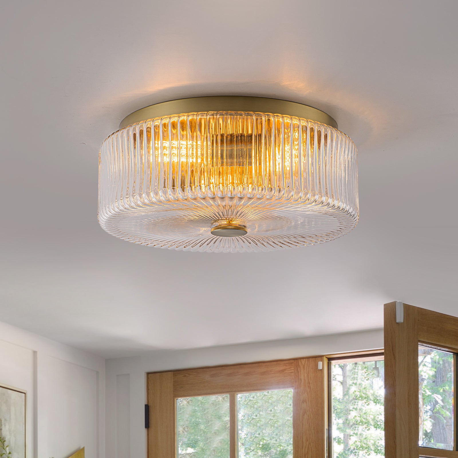 Glowlings 3-Light Modern 14"Wide Clear Ribbed Glass Brass Drum Flush Mount Ceiling Light