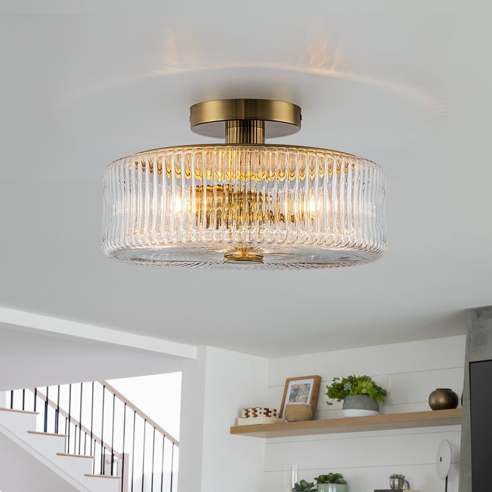 Glowlings 3-Light Modern 14"Wide Clear Ribbed Glass Brass Drum Semi-Flush Mount Ceiling Light