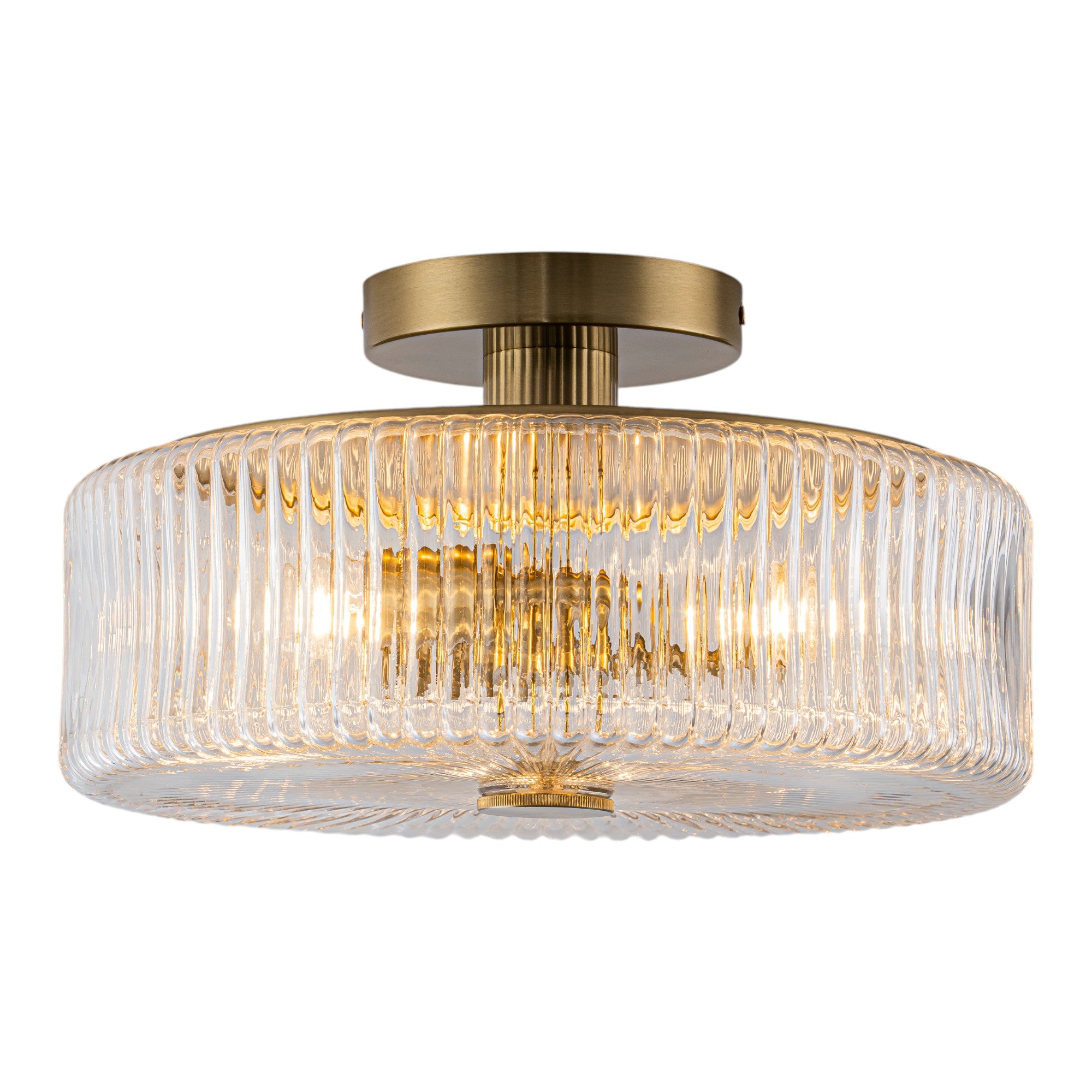 Glowlings 3-Light Modern 14"Wide Clear Ribbed Glass Brass Drum Semi-Flush Mount Ceiling Light