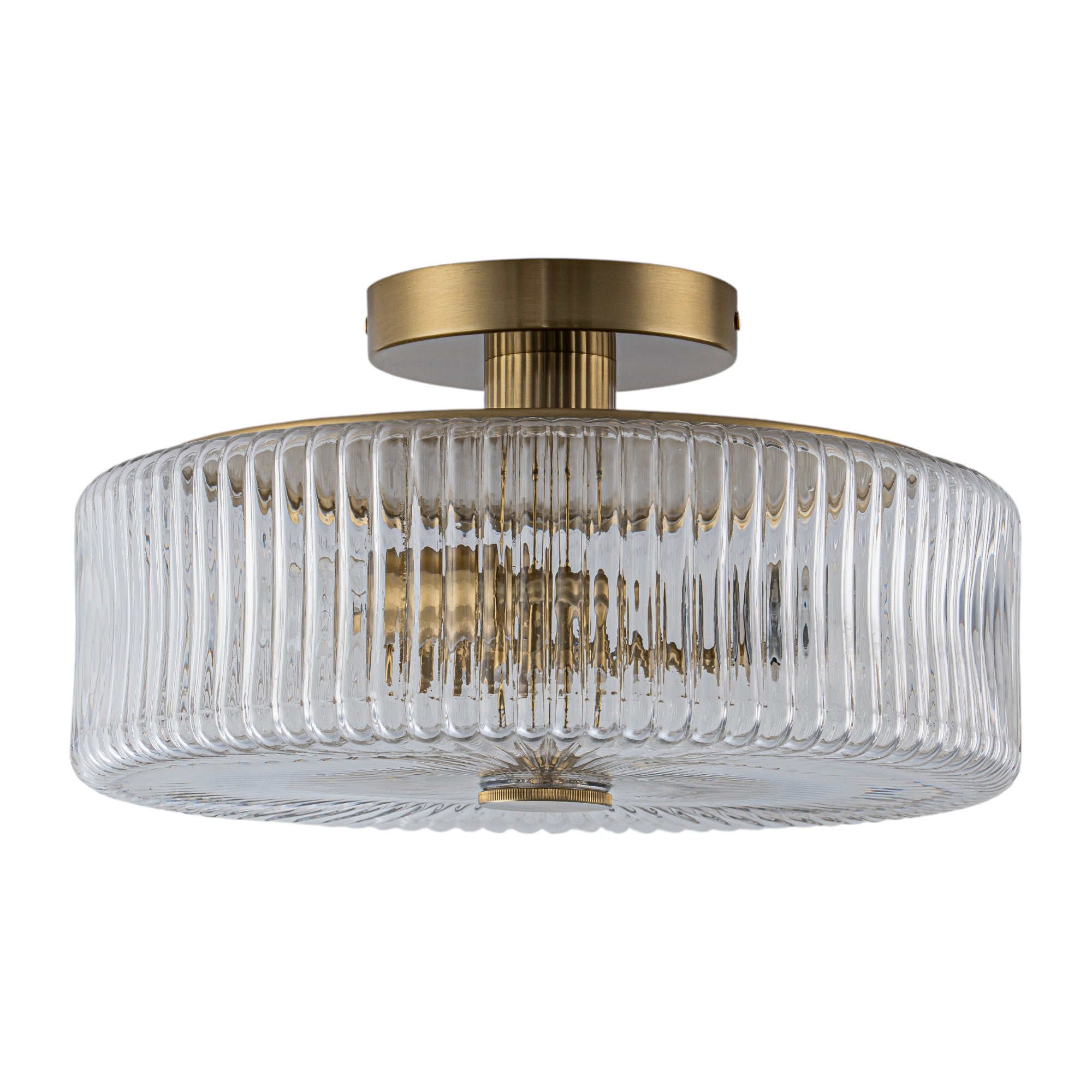 Glowlings 3-Light Modern 14"Wide Clear Ribbed Glass Brass Drum Semi-Flush Mount Ceiling Light