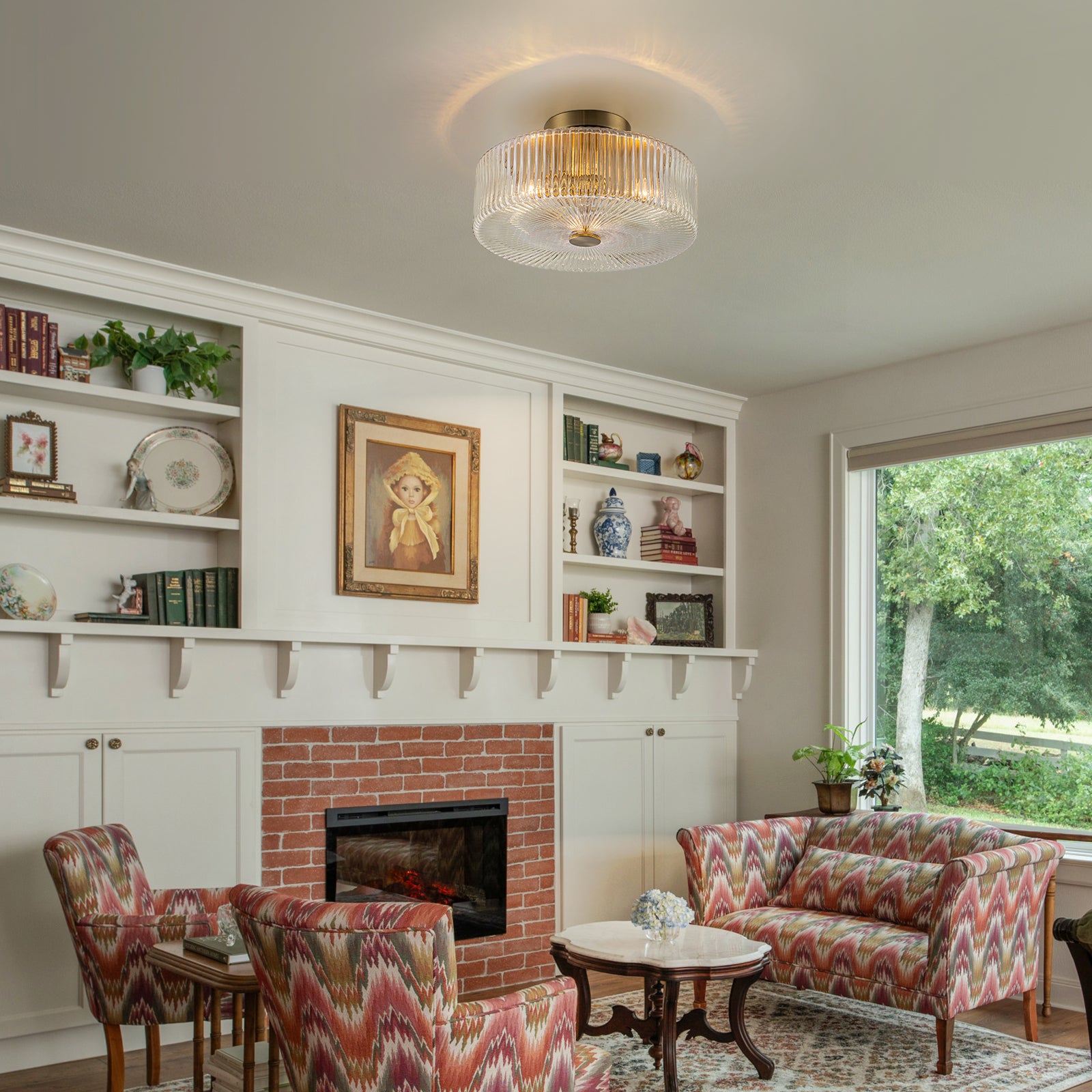 Glowlings 3-Light Modern 14"Wide Clear Ribbed Glass Brass Drum Semi-Flush Mount Ceiling Light