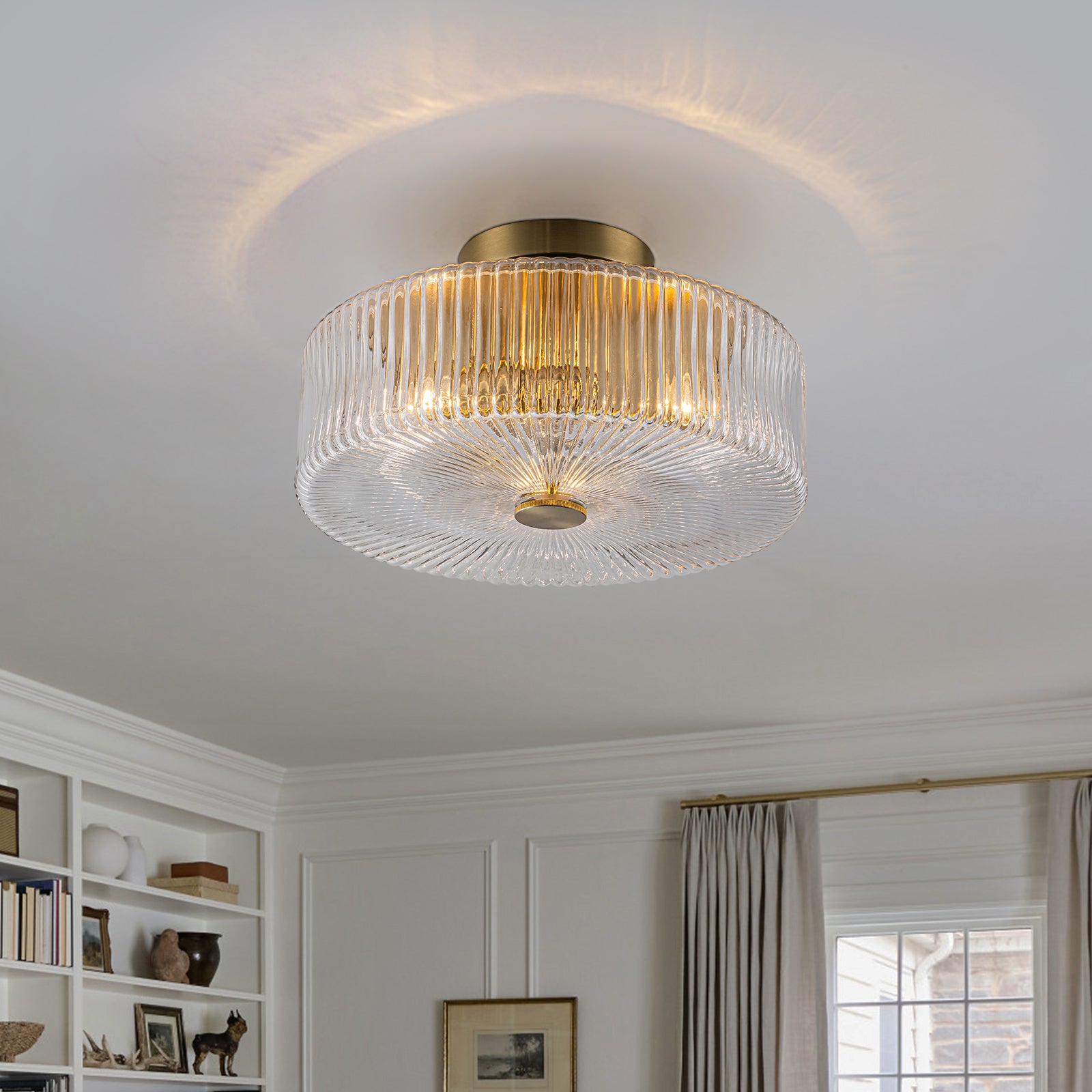 Glowlings 3-Light Modern 14"Wide Clear Ribbed Glass Brass Drum Semi-Flush Mount Ceiling Light