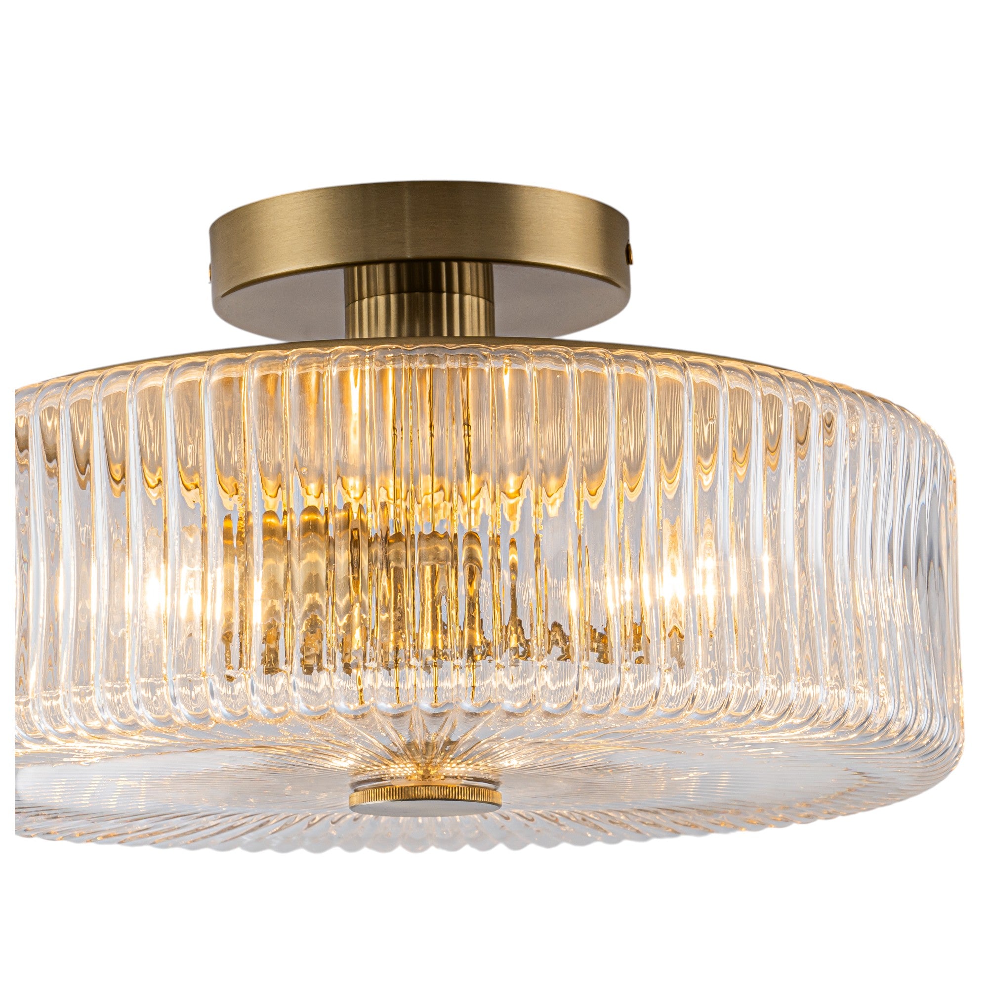 Glowlings 3-Light Modern 14"Wide Clear Ribbed Glass Brass Drum Semi-Flush Mount Ceiling Light