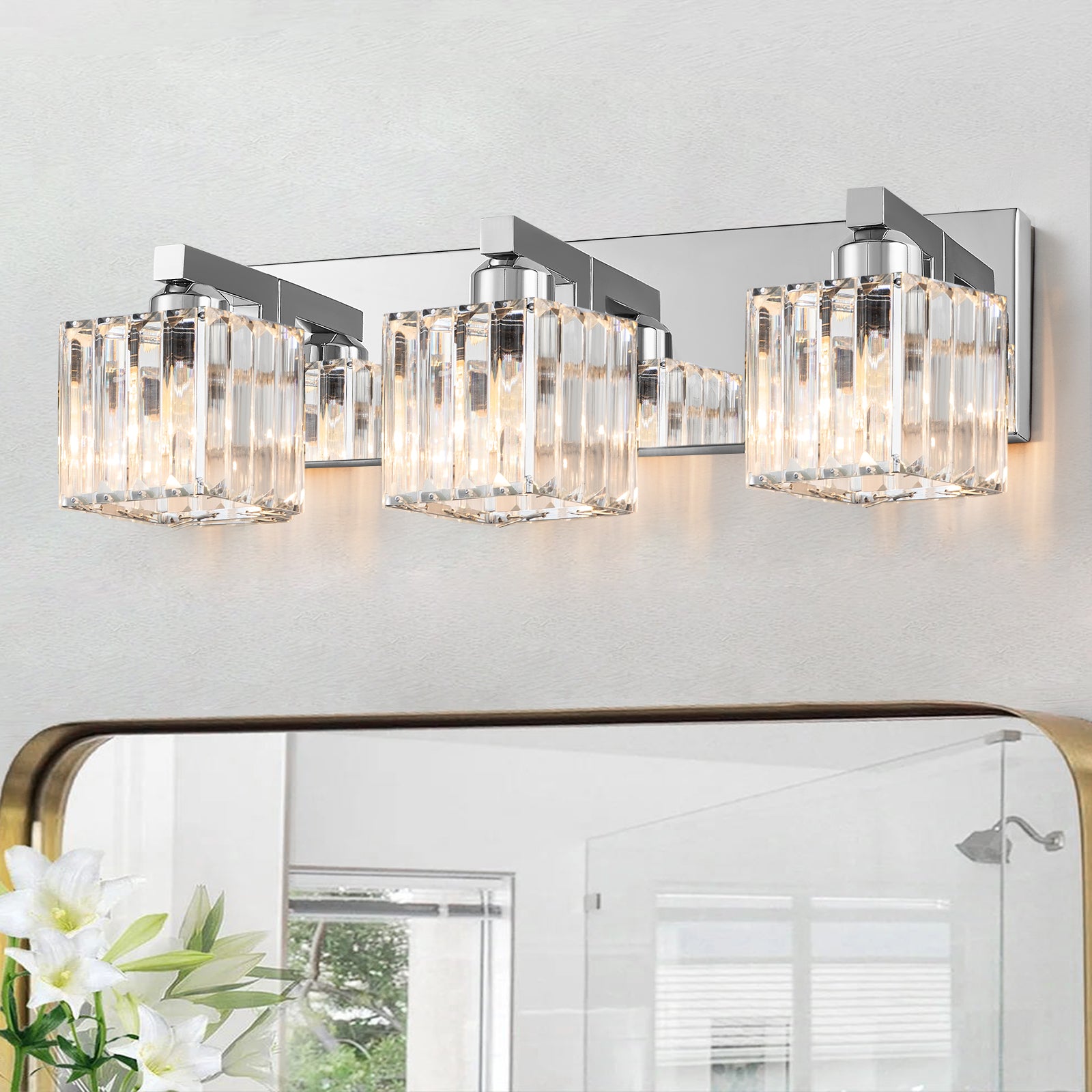 Glowlings 3 Light Modern Square Crystal Bath Vanity Light For Bathroom