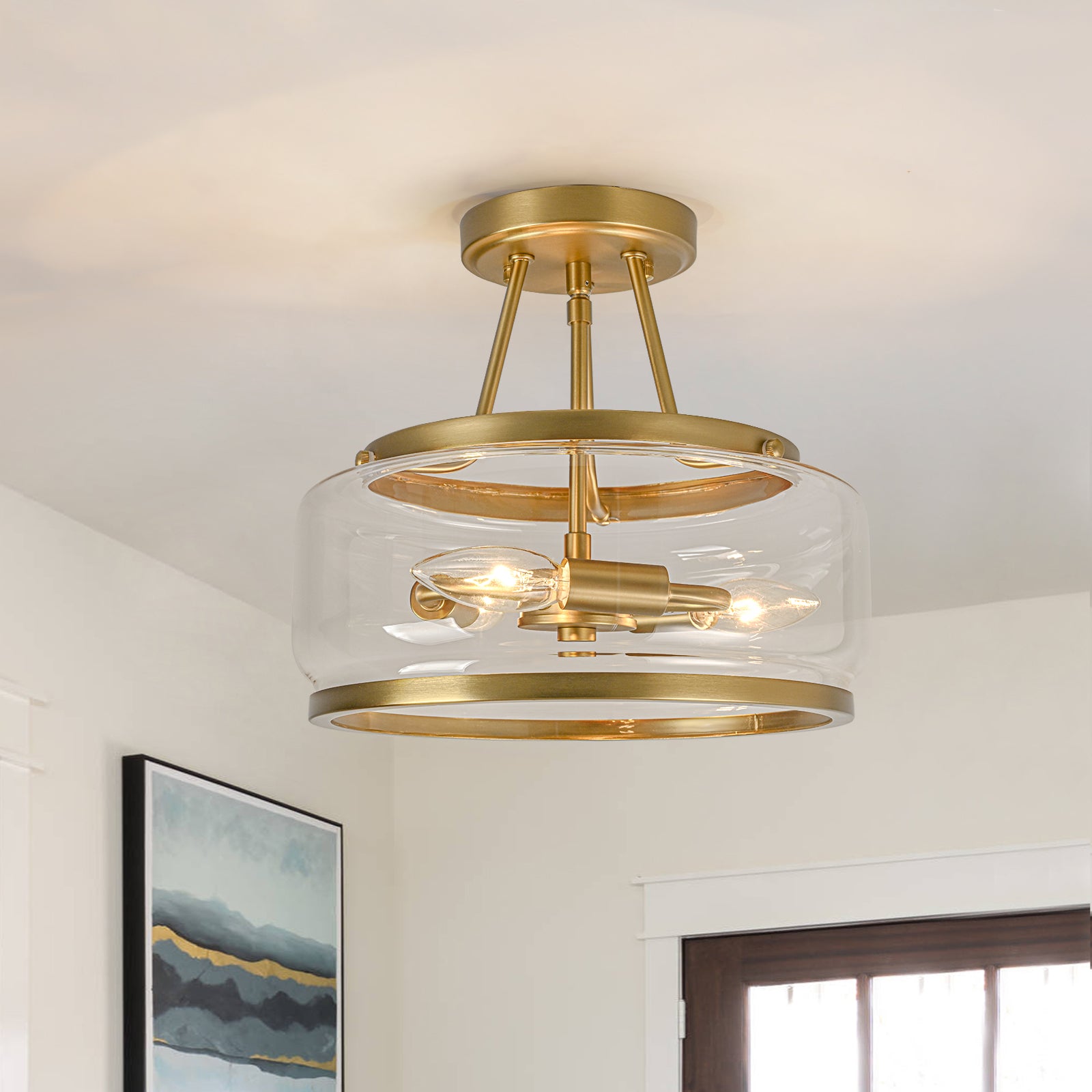 Glowlings Modern 3-Light Drum Clear Glass Lantern Semi Flush Mount
