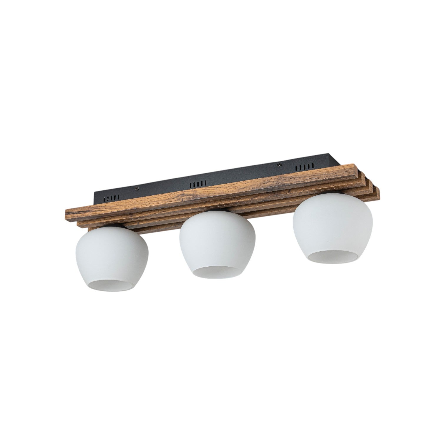 Glowlings 3-Light Modern Farmhouse Walnut Finish Wood Slat Flush Mount Track Lighting with Opal Glass