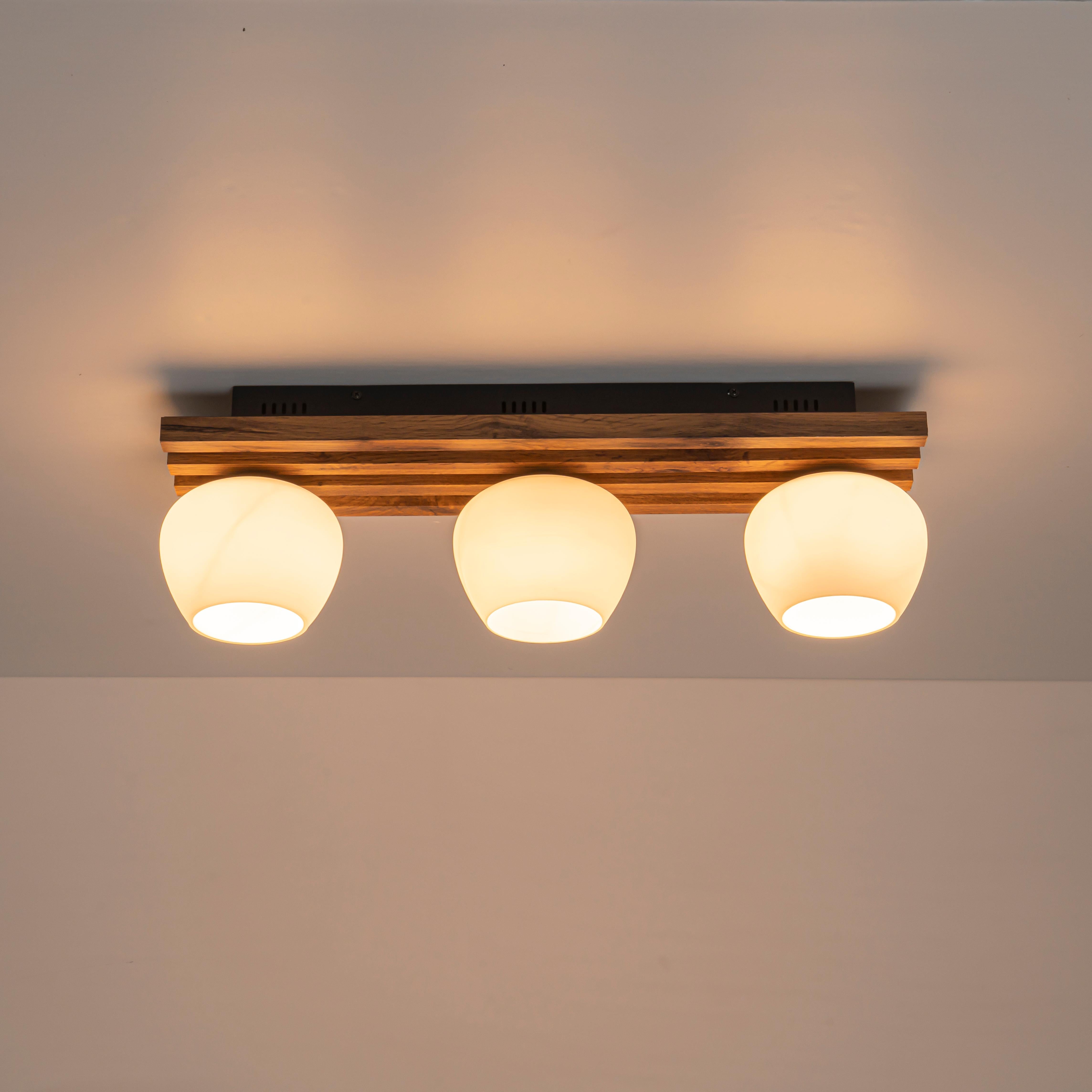 Glowlings 3-Light Modern Farmhouse Walnut Finish Wood Slat Flush Mount Track Lighting with Opal Glass