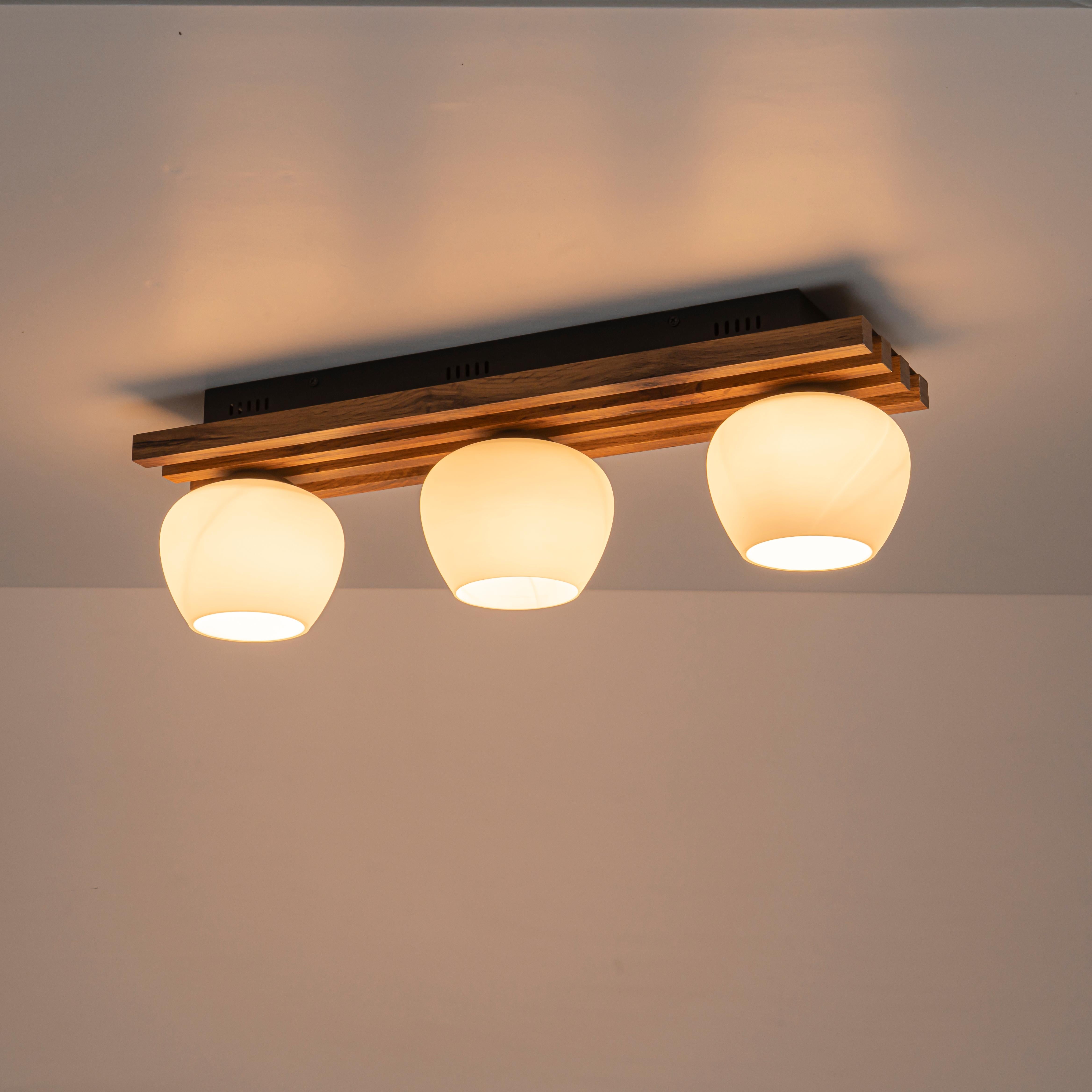 Glowlings 3-Light Modern Farmhouse Walnut Finish Wood Slat Flush Mount Track Lighting with Opal Glass