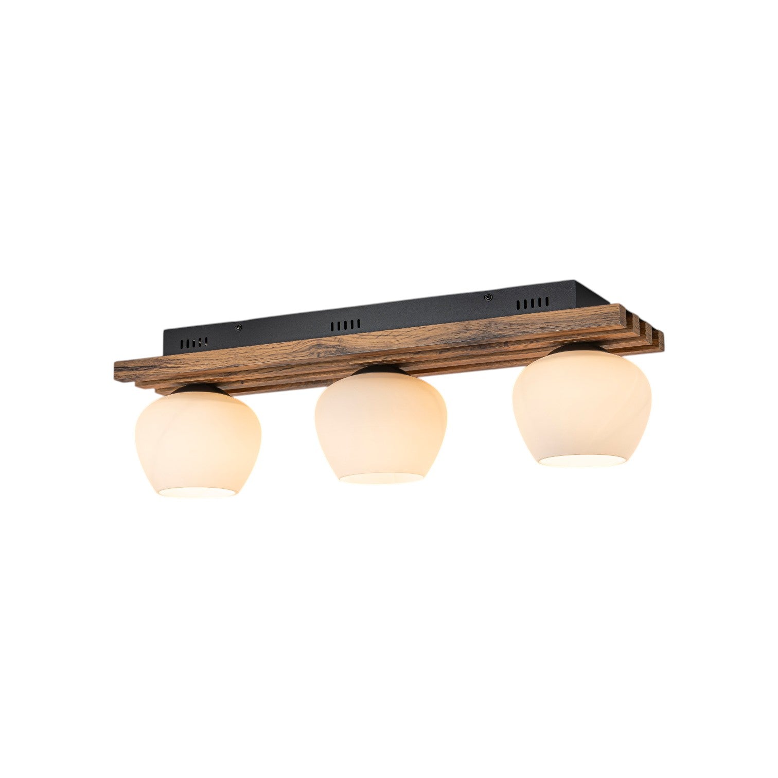 Glowlings 3-Light Modern Farmhouse Walnut Finish Wood Slat Flush Mount Track Lighting with Opal Glass