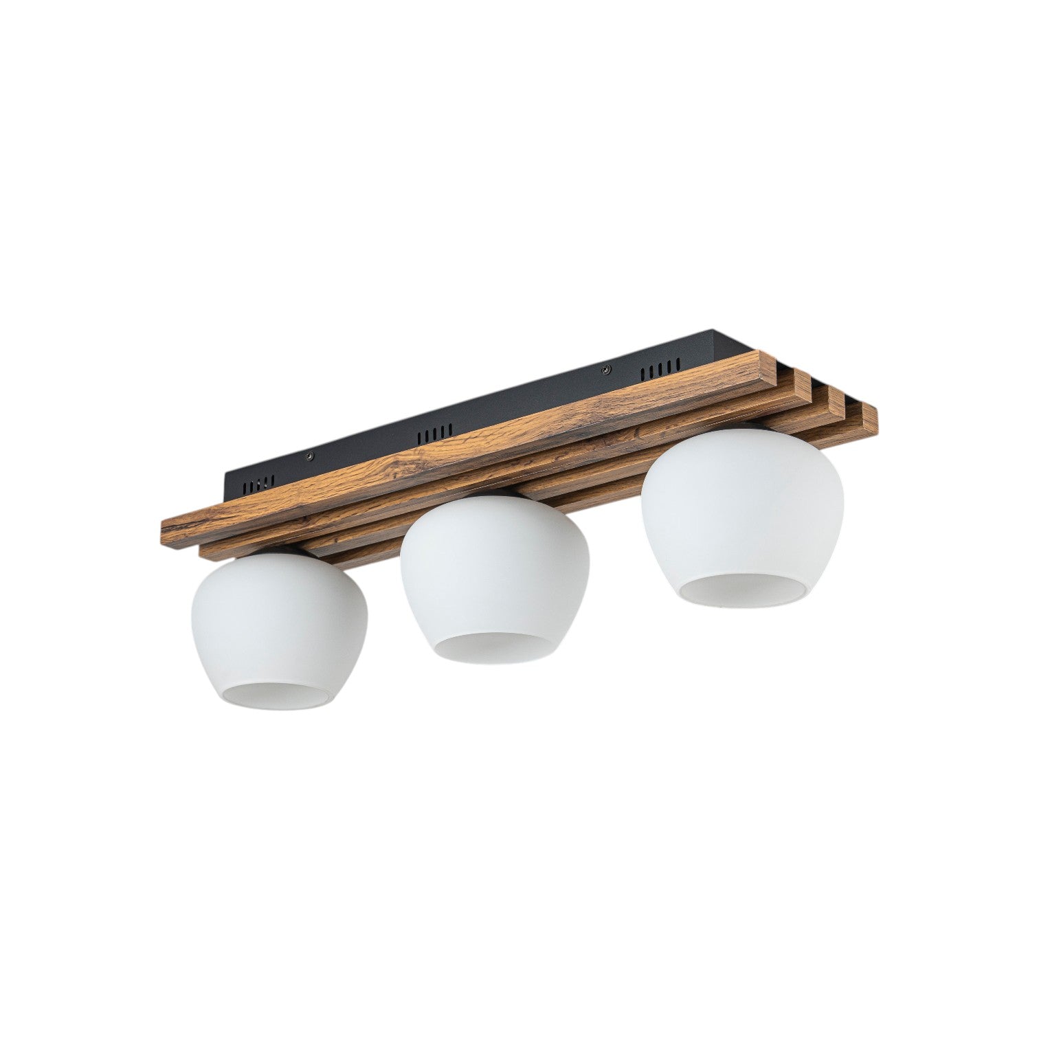Glowlings 3-Light Modern Farmhouse Walnut Finish Wood Slat Flush Mount Track Lighting with Opal Glass