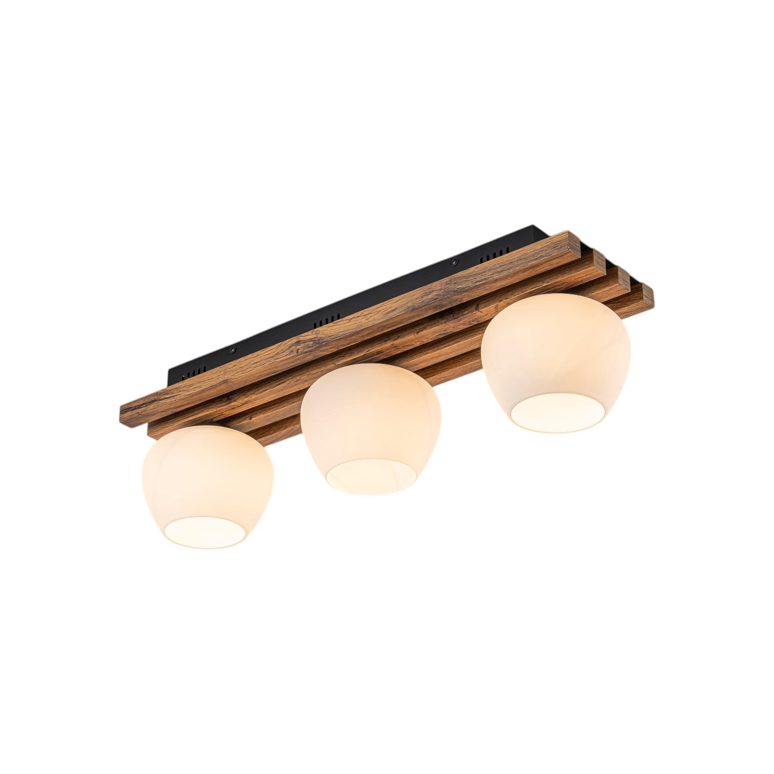 Glowlings 3-Light Modern Farmhouse Walnut Finish Wood Slat Flush Mount Track Lighting with Opal Glass
