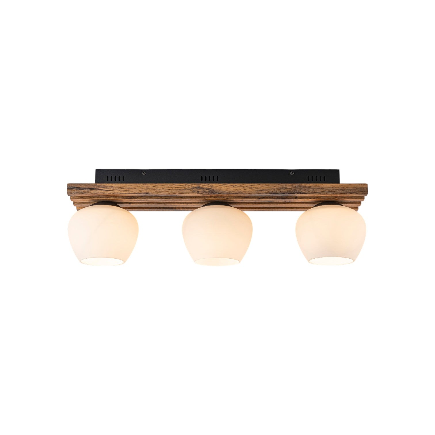 Glowlings 3-Light Modern Farmhouse Walnut Finish Wood Slat Flush Mount Track Lighting with Opal Glass