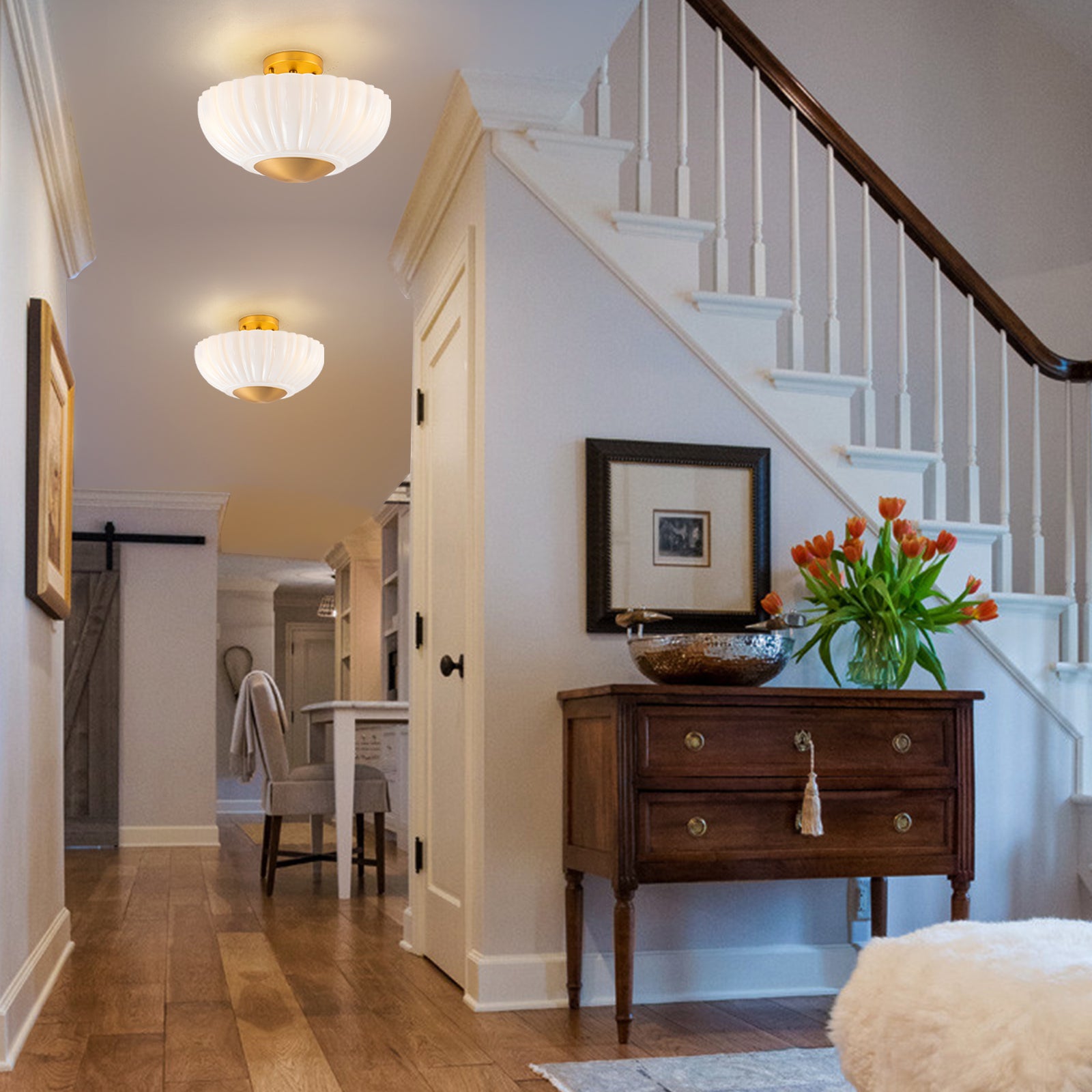 Glowlings 3-Light Modern 15"Wide Brass Flower Shape Opal Glass Semi-Flush Mount Ceiling Light