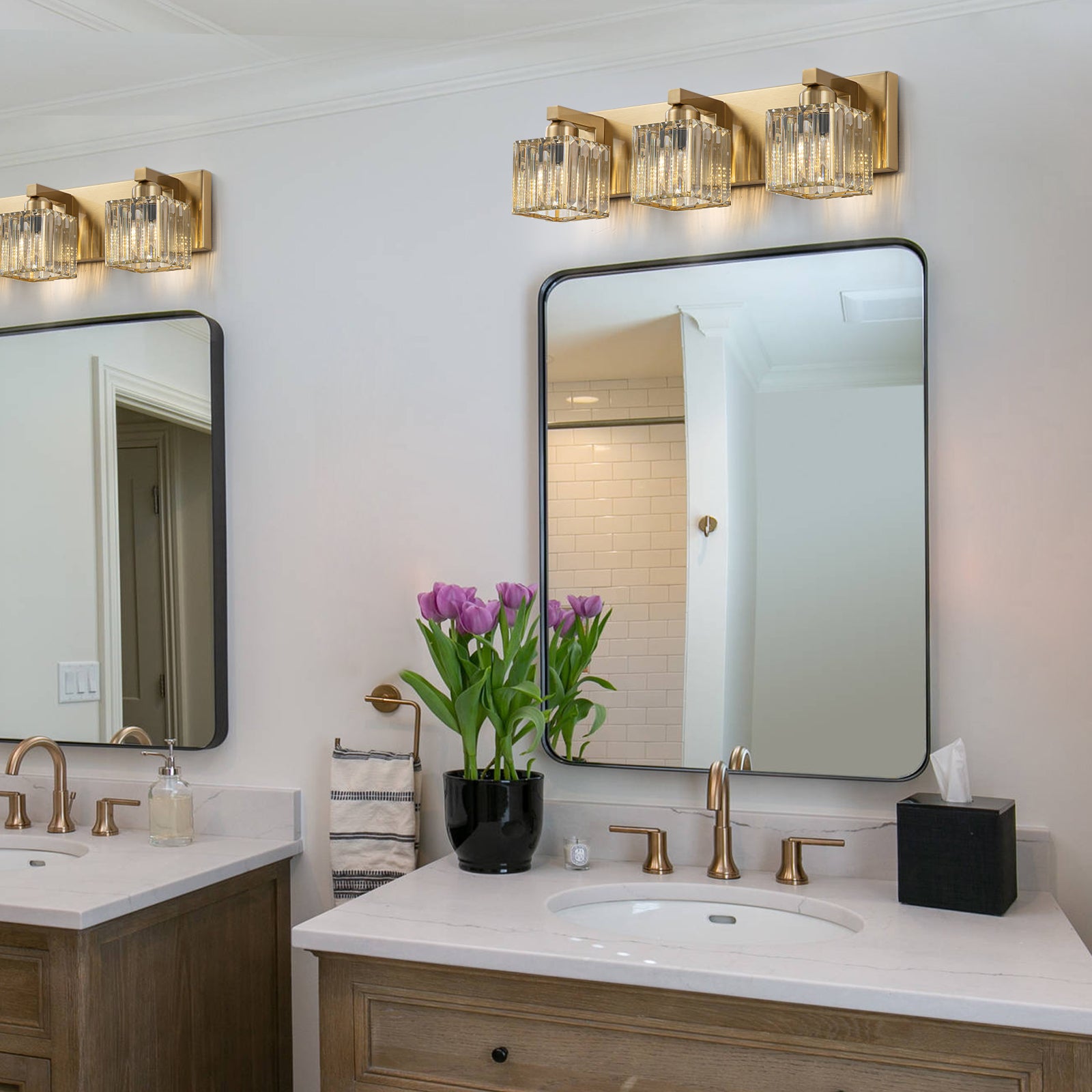 Glowlings 3/4/5-Light Modern Gold Square Crystal Bathroom Vanity Light Bathroom Light Fixtures Over Mirror