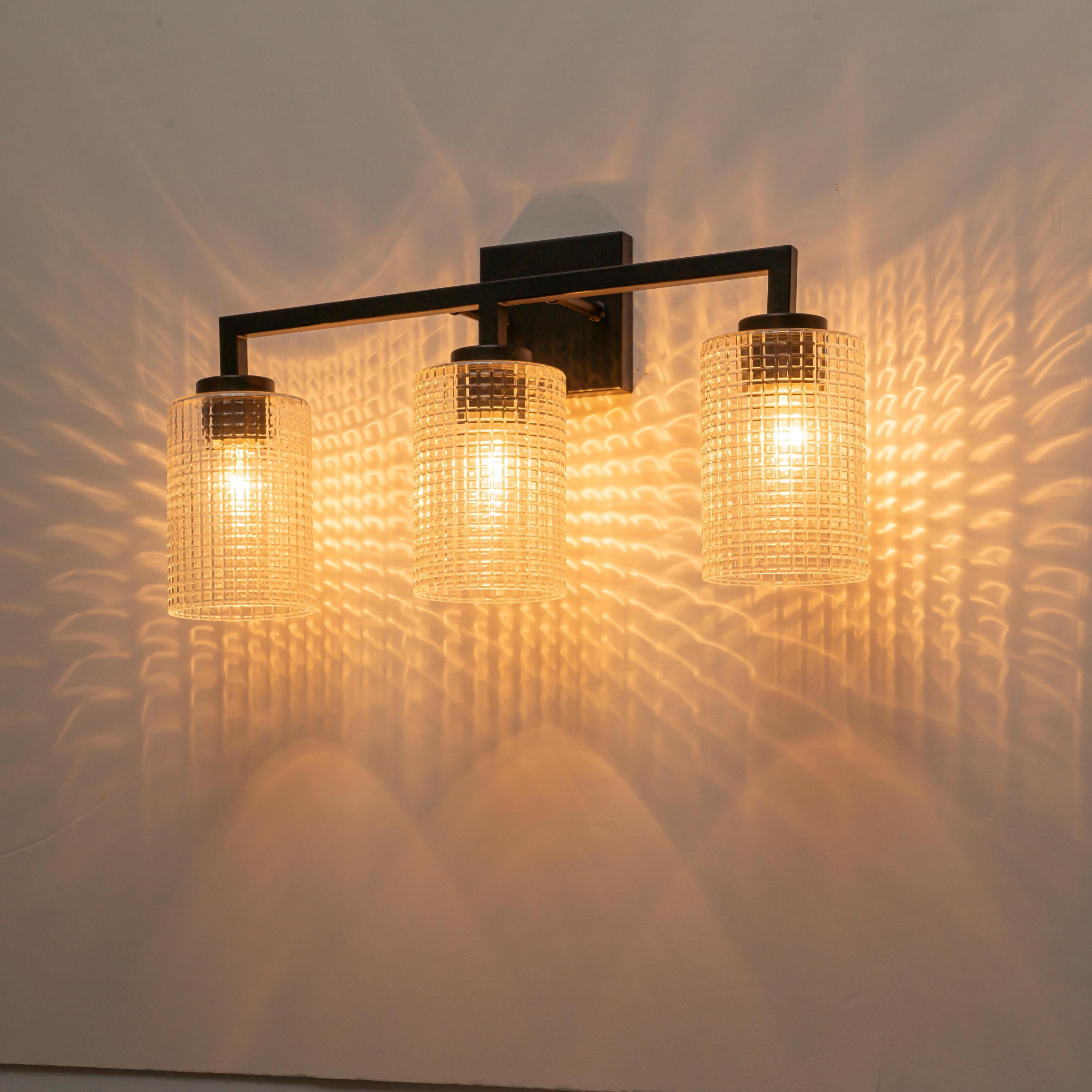 Glowlings 3/4-Light Modern Patterned Textured Glass Cylinder Bathroom Vanity Light Wall Sconce for Mirror Cabinet