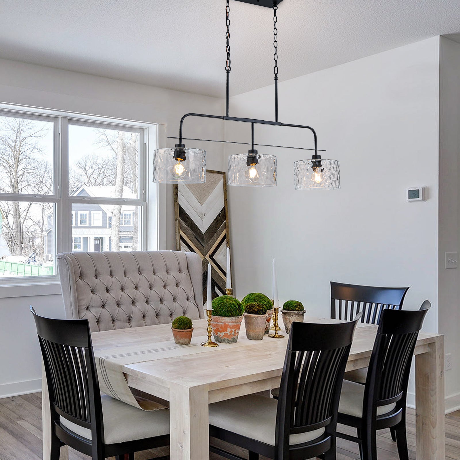 Glowlings 3-Light Modern 36"Wide Large Black Linear Hammered Glass Chandelier