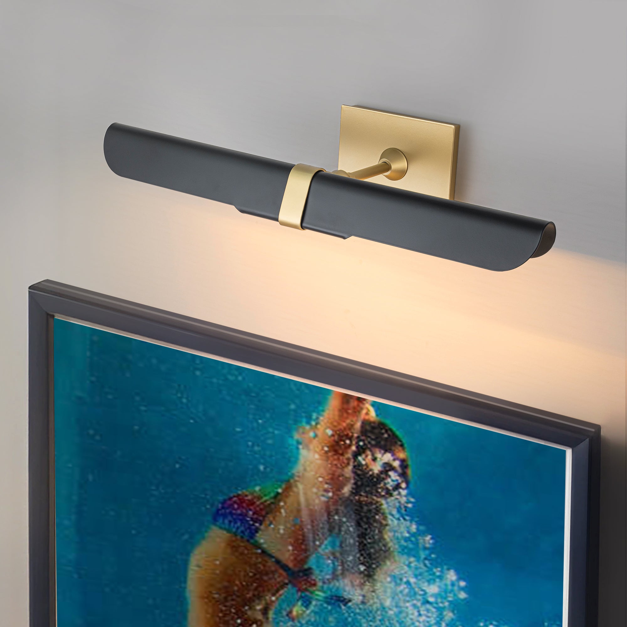 Glowlings 2-Light Modern 24"Wide Linear Matte Black and Gold Picture Light with 180° Adjustable Curved Shield