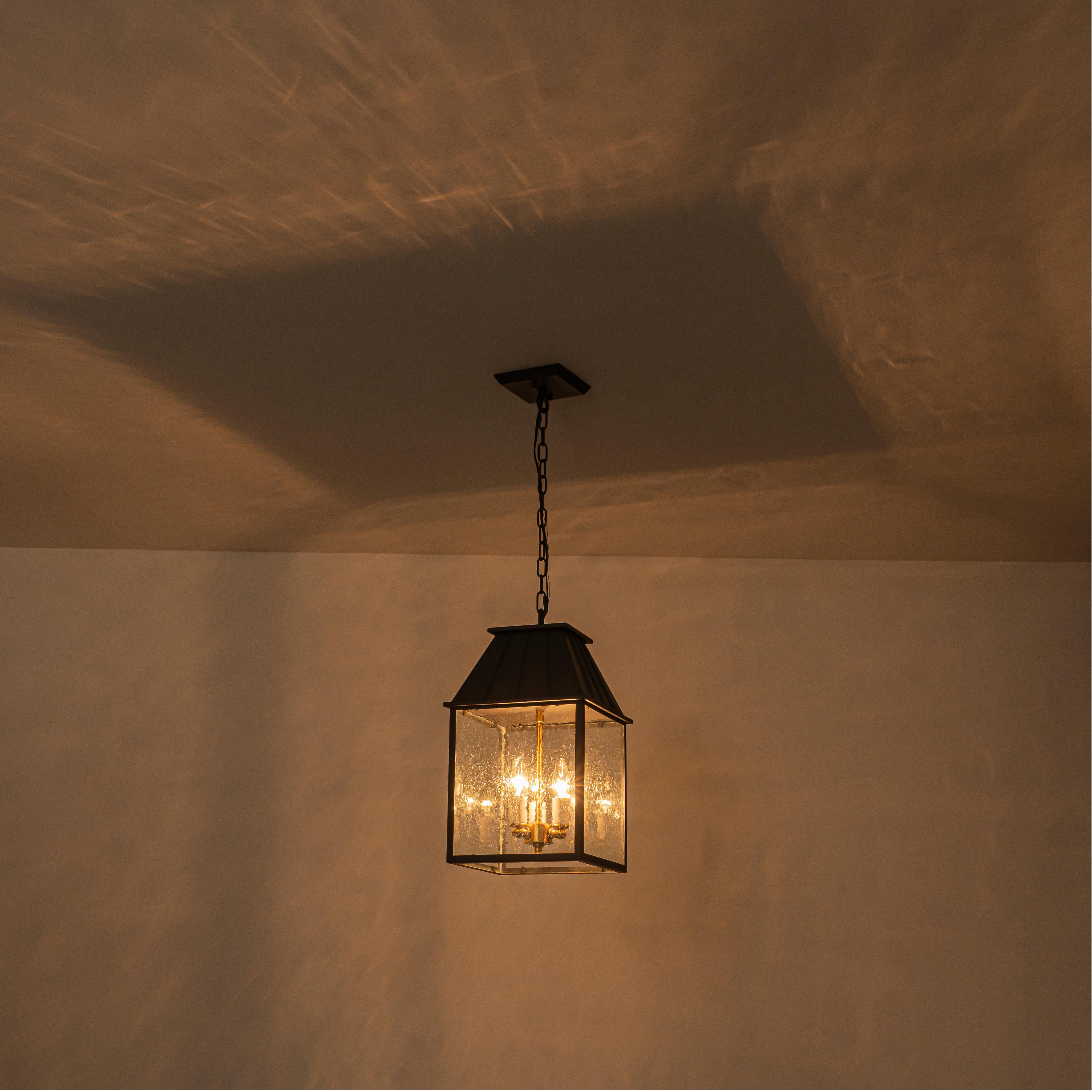 Glowlings 3-Light Modern IP23 Matte Black Seeded Glass Lantern Outdoor Pendant Light