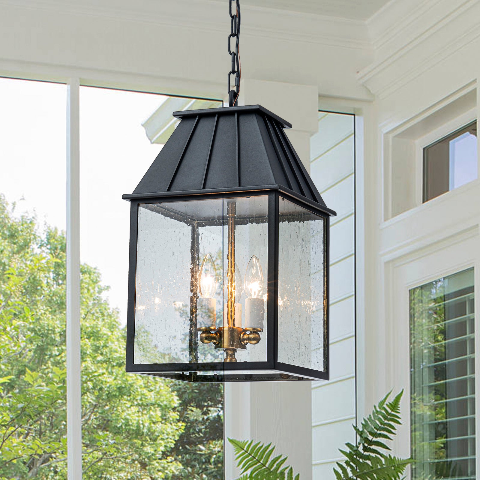 Glowlings 3-Light Modern IP23 Matte Black Seeded Glass Lantern Outdoor Pendant Light