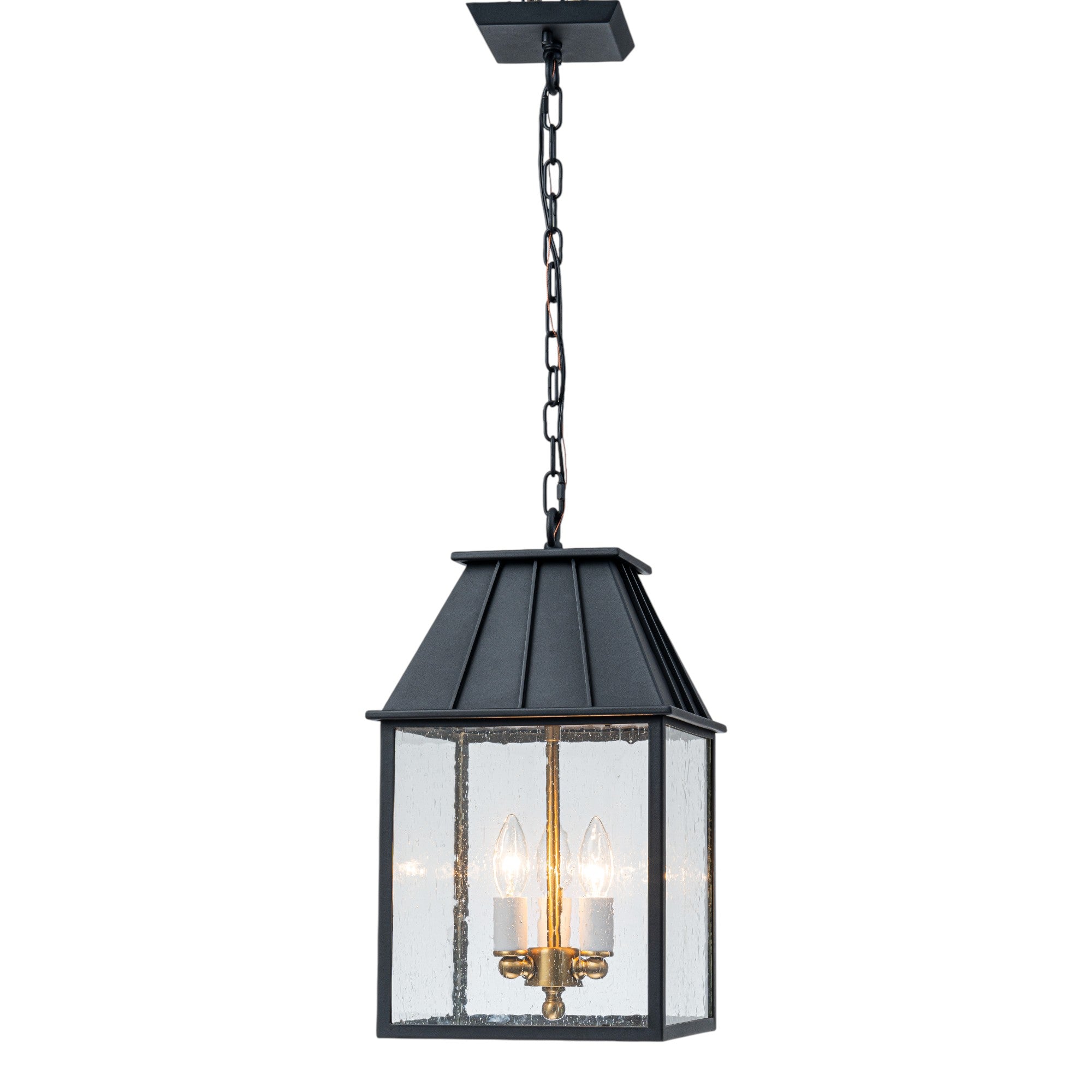 Glowlings 3-Light Modern IP23 Matte Black Seeded Glass Lantern Outdoor Pendant Light