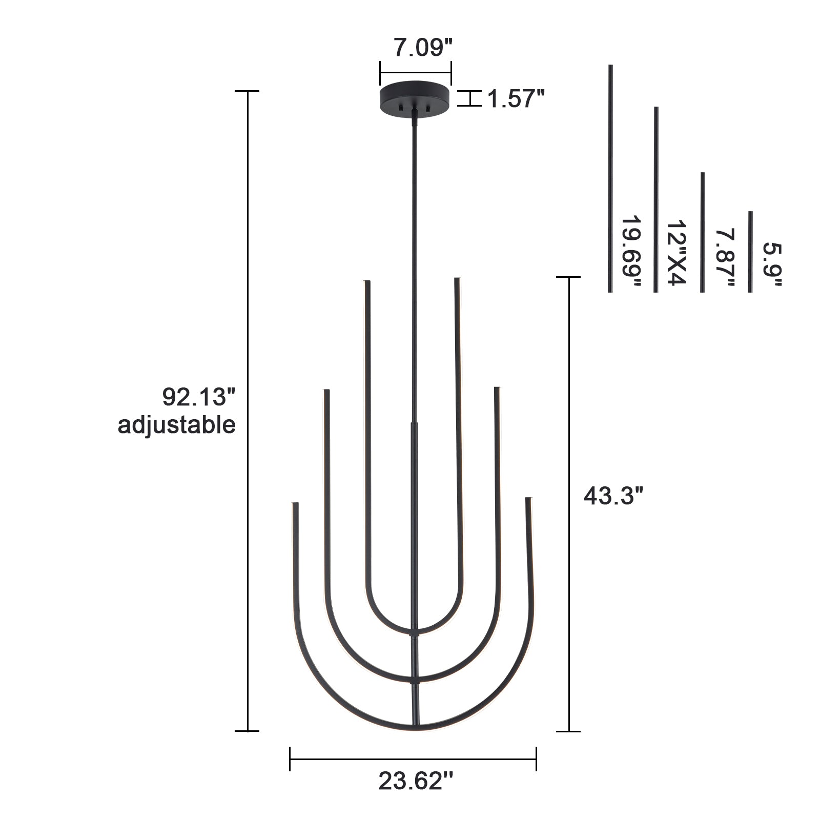 Glowlings 3-Light Modern 24"Wide Rotated 350° Matte Black U-shaped LED Pendant Light