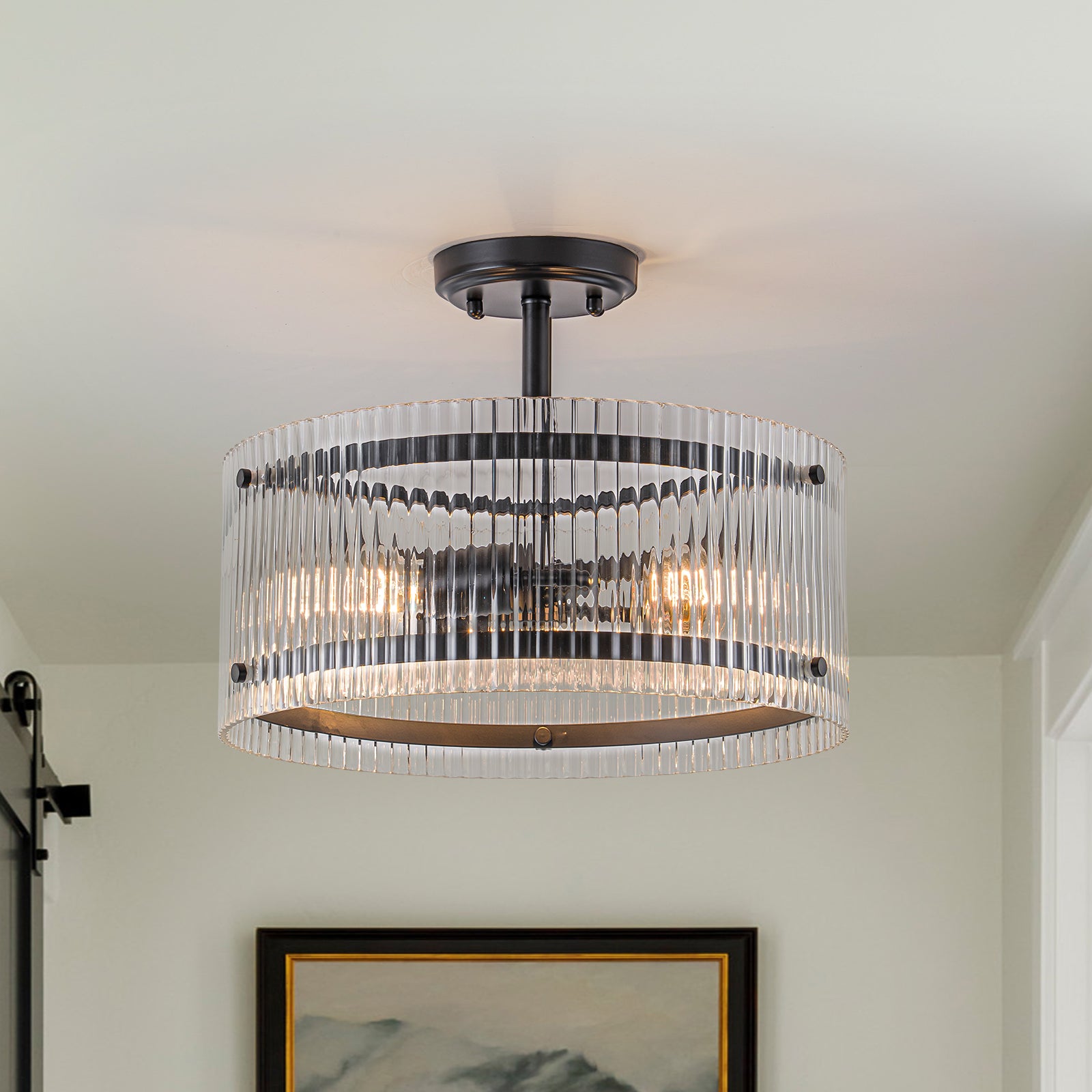 Glowlings 3-Light Modern Round Ribbed Clear Glass Drum Semi-Flush Mount Ceiling Light