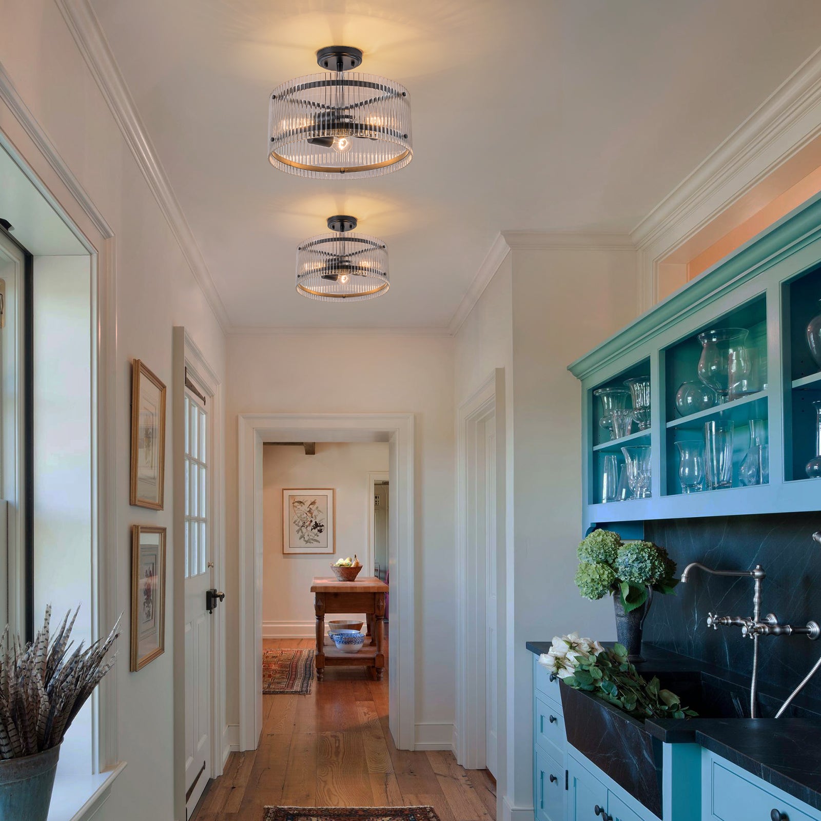 Glowlings 3-Light Modern Round Ribbed Clear Glass Drum Semi-Flush Mount Ceiling Light