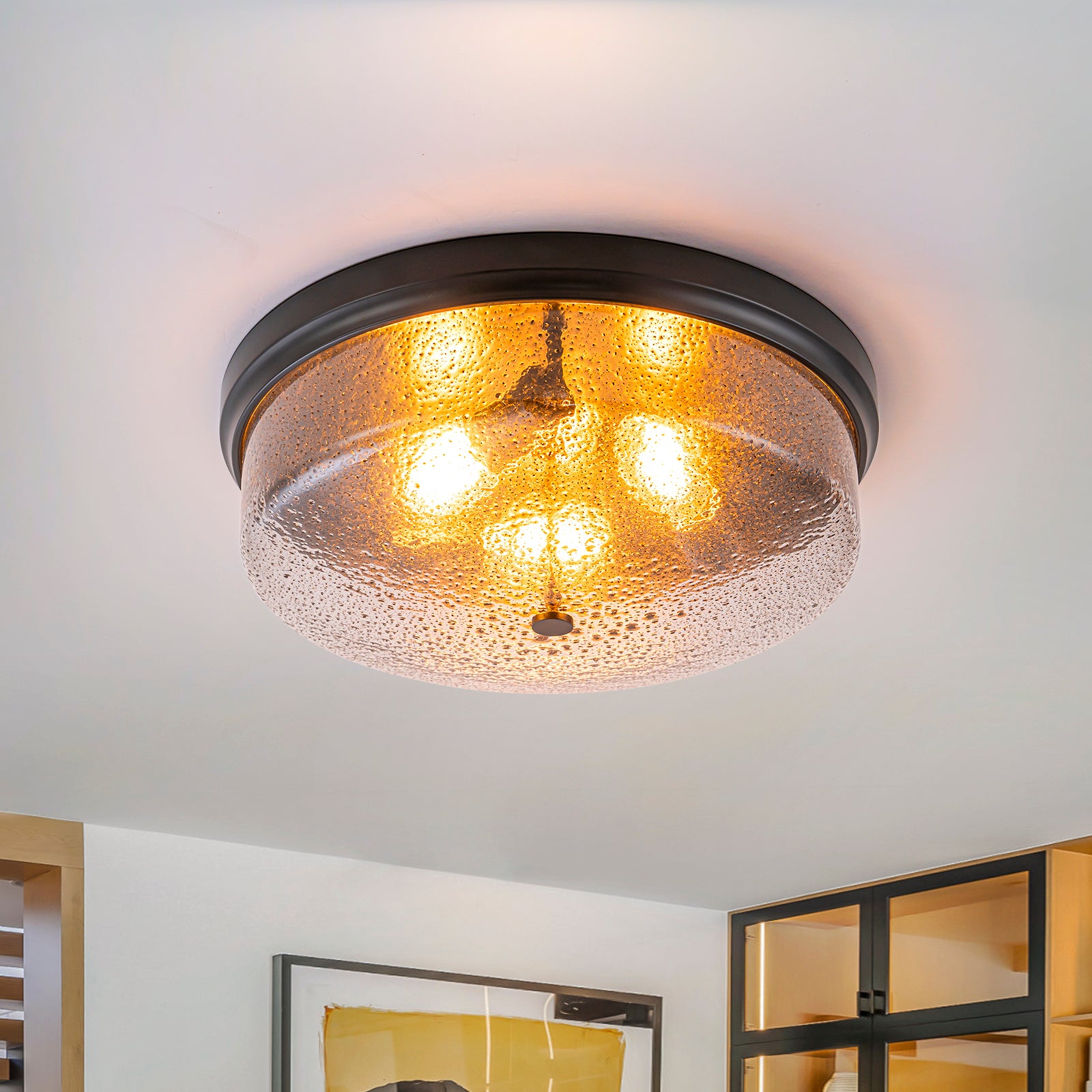 Glowlings 3-Light Modern 16"Wide Black/Gold Seeded Glass Drum Flush Mount Ceiling Light