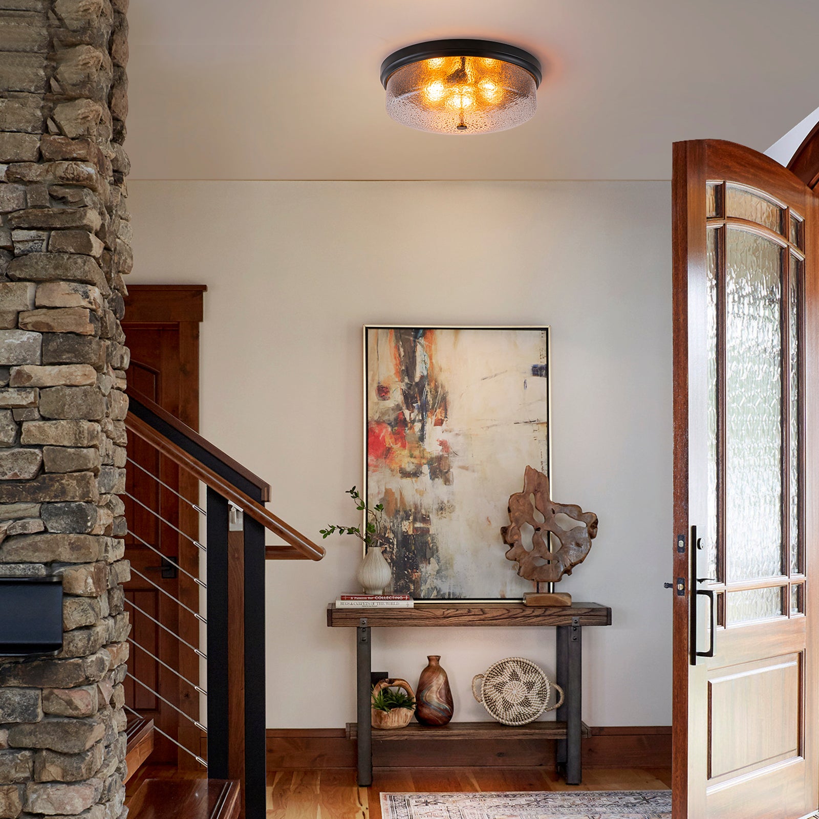 Glowlings 3-Light Modern 16"Wide Black/Gold Seeded Glass Drum Flush Mount Ceiling Light