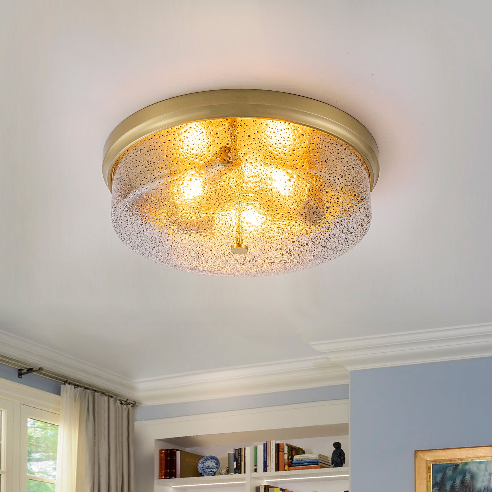 Glowlings 3-Light Modern 16"Wide Black/Gold Seeded Glass Drum Flush Mount Ceiling Light