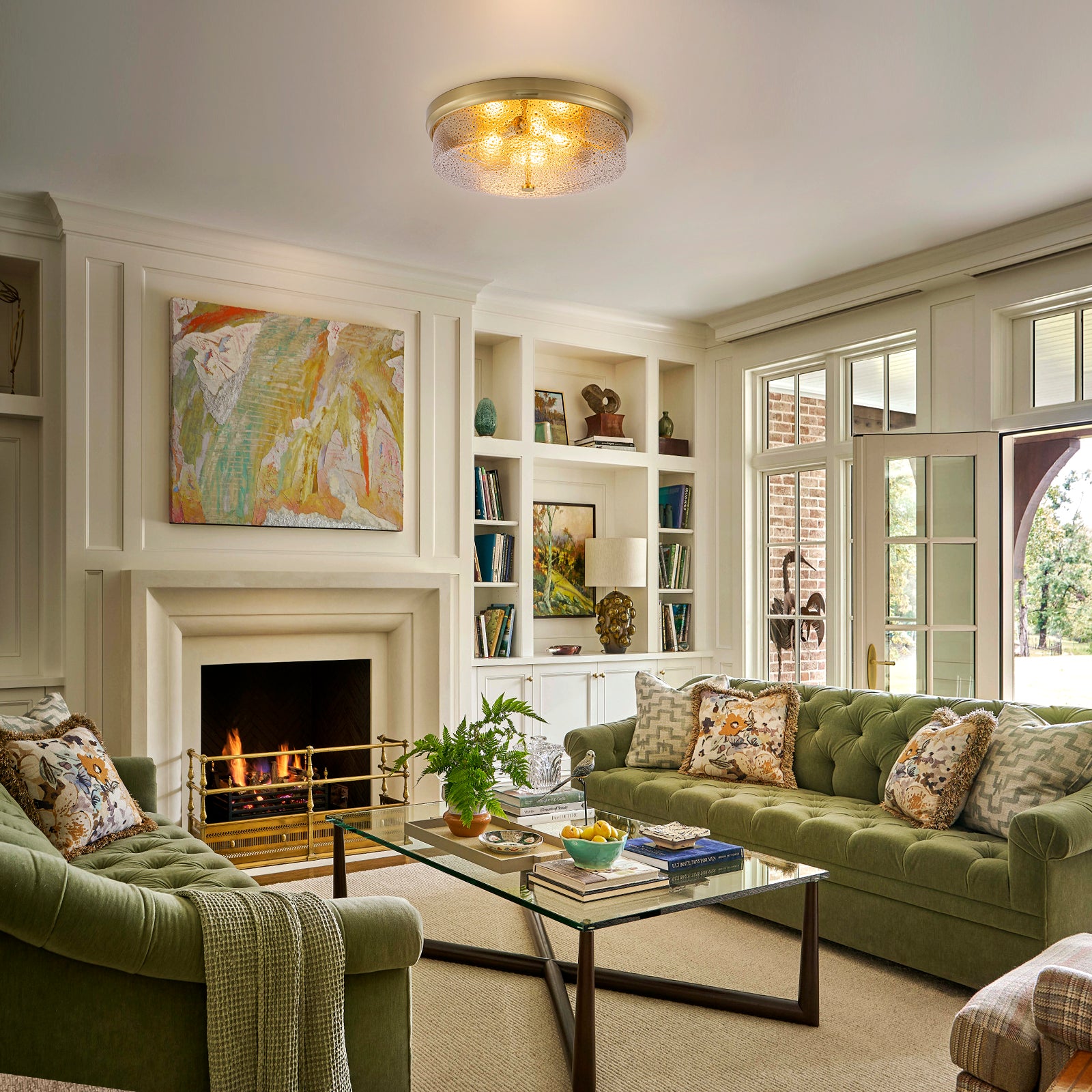 Glowlings 3-Light Modern 16"Wide Black/Gold Seeded Glass Drum Flush Mount Ceiling Light