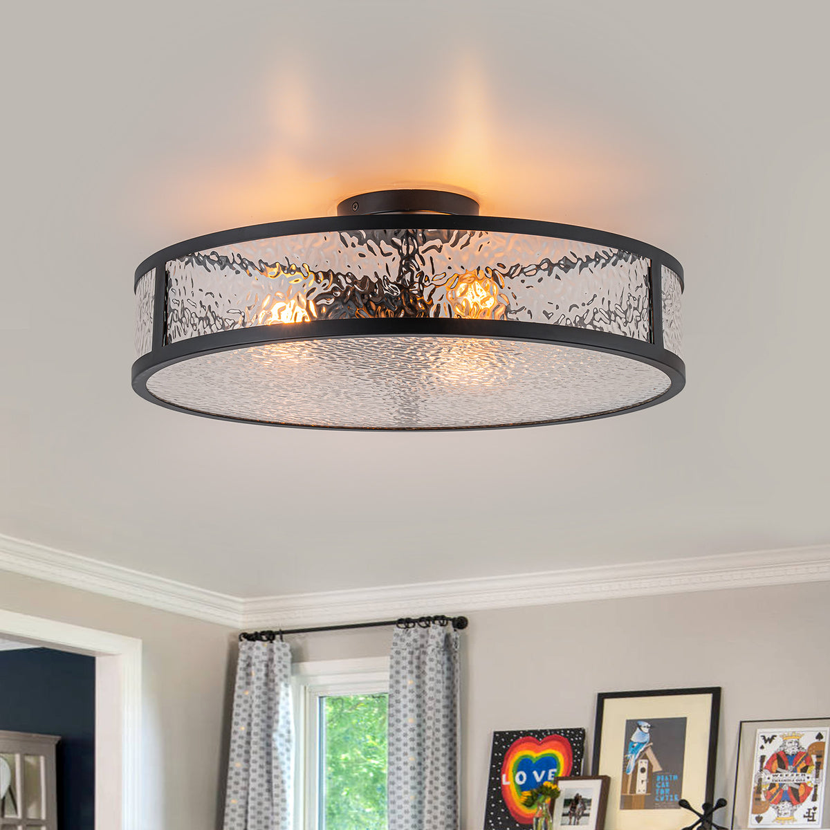 Glowlings 3-Light 20"Wide Modern Semi Flush Mount Ceiling Light, Black Drum Ceiling Light Fixture with Hammered Water Ripple Glass