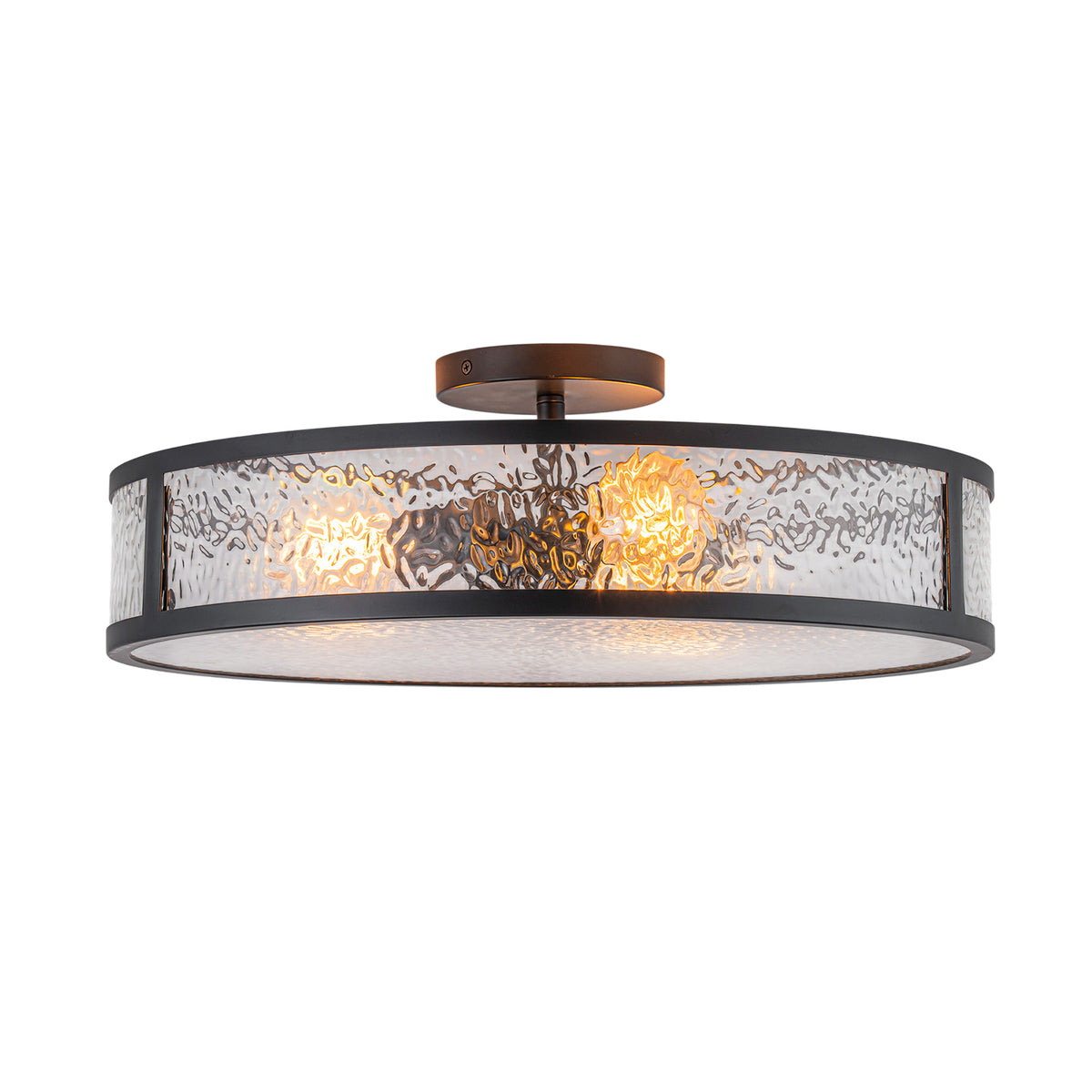 Glowlings 3-Light 20"Wide Modern Semi Flush Mount Ceiling Light, Black Drum Ceiling Light Fixture with Hammered Water Ripple Glass