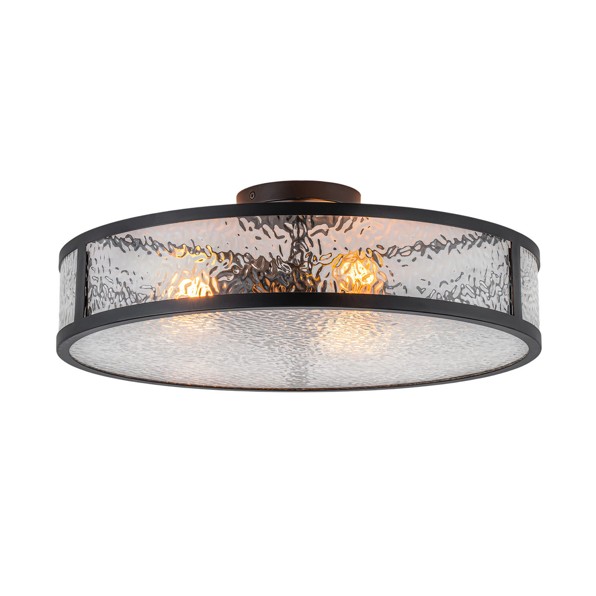 Glowlings 3-Light 20"Wide Modern Semi Flush Mount Ceiling Light, Black Drum Ceiling Light Fixture with Hammered Water Ripple Glass