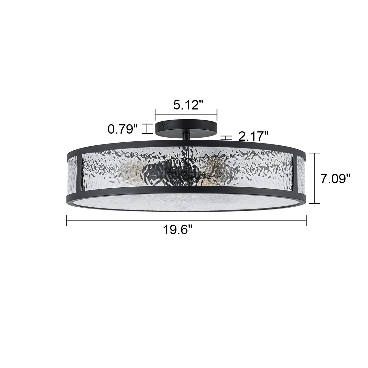 Glowlings 3-Light 20"Wide Modern Semi Flush Mount Ceiling Light, Black Drum Ceiling Light Fixture with Hammered Water Ripple Glass