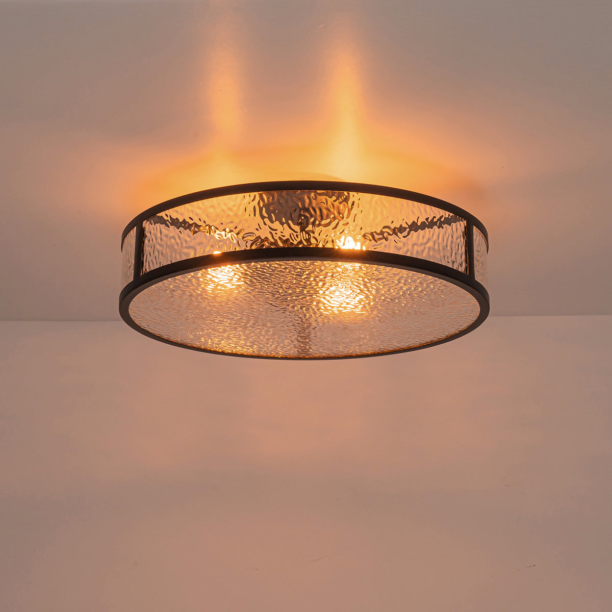 Glowlings 3-Light 20"Wide Modern Semi Flush Mount Ceiling Light, Black Drum Ceiling Light Fixture with Hammered Water Ripple Glass