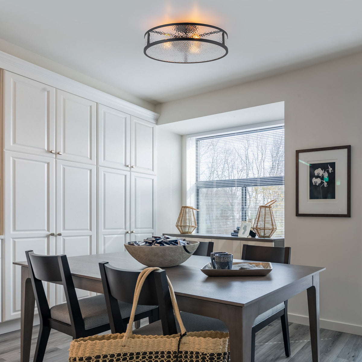 Glowlings 3-Light 20"Wide Modern Semi Flush Mount Ceiling Light, Black Drum Ceiling Light Fixture with Hammered Water Ripple Glass
