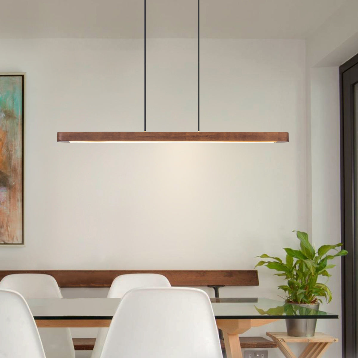 Glowlings 3-Light Modern Solid Wood Linear LED Pendant Light - Dimmable Walnut Kitchen Island Hanging Fixture